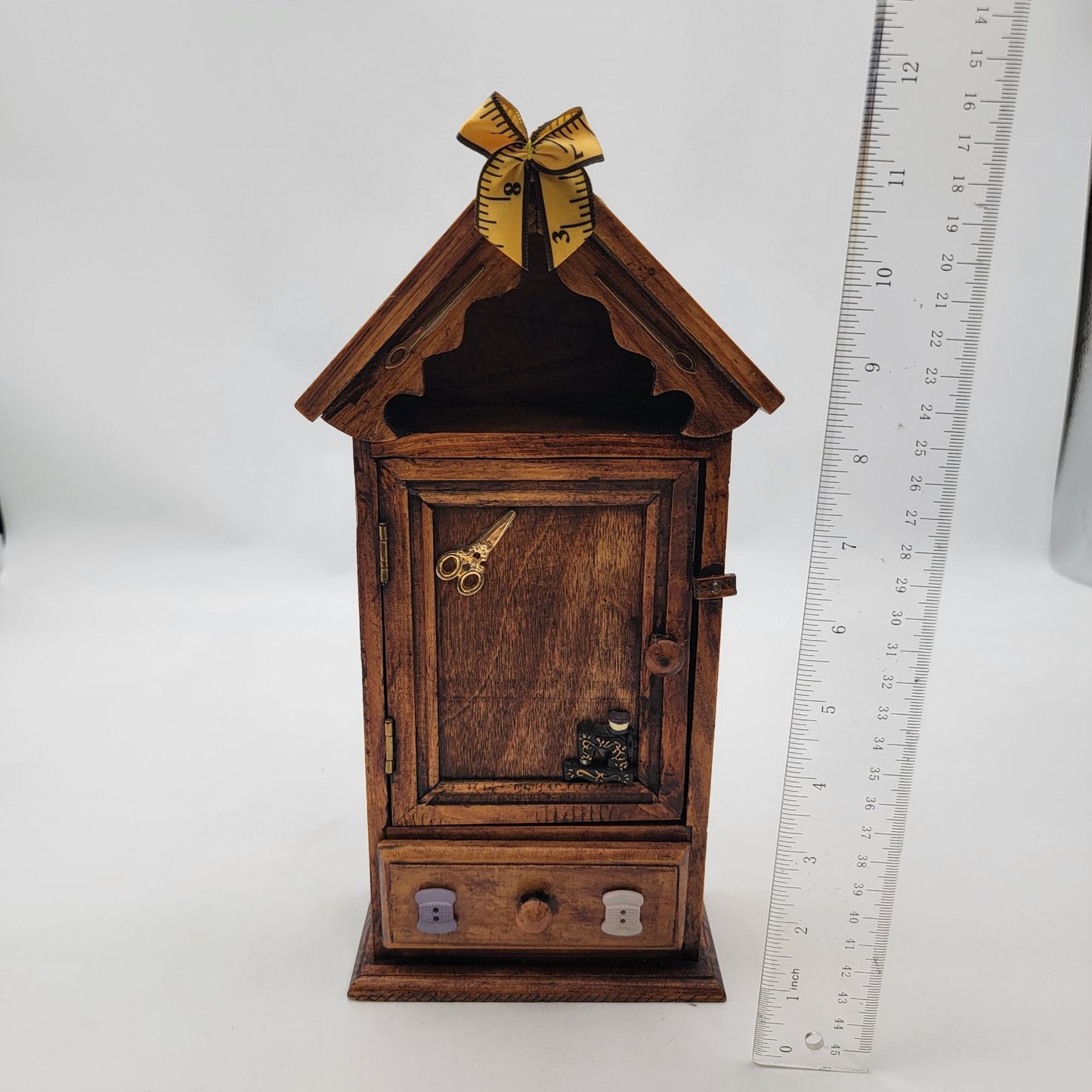 Vintage Wooden Sewing-Themed Miniature Cabinet With Drawer