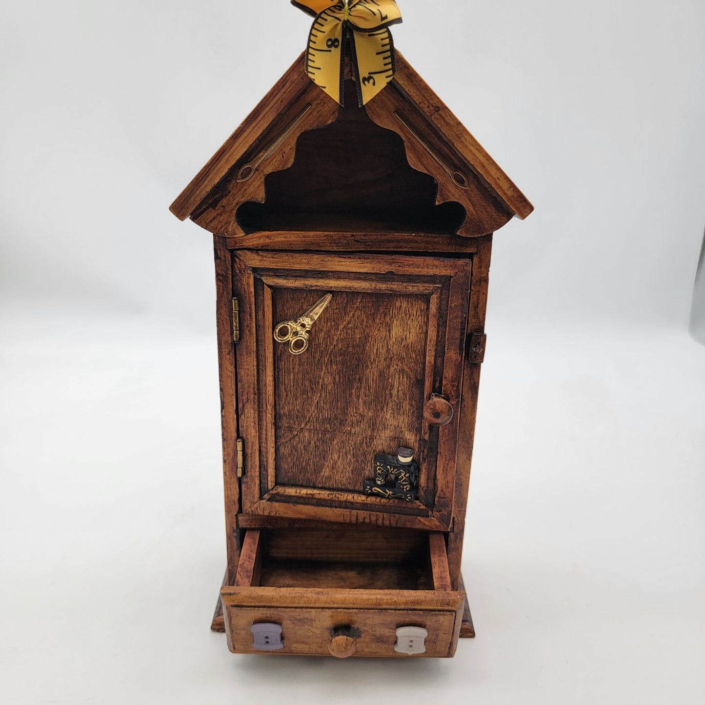 Vintage Wooden Sewing-Themed Miniature Cabinet With Drawer