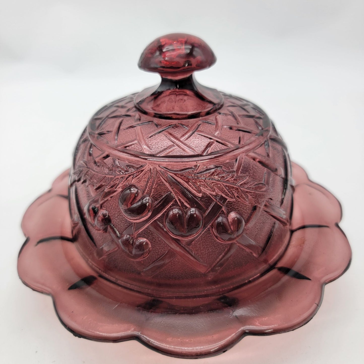 Mosser Amethyst Glass Cherry Lattice Dome Covered Butter Dish
