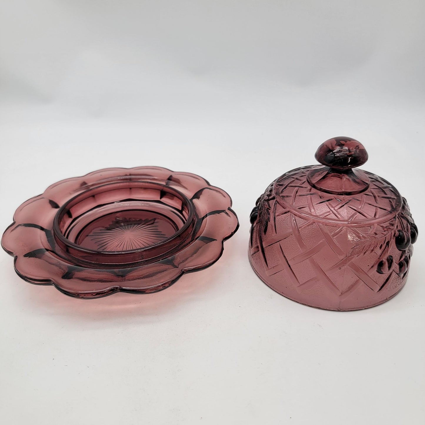 Mosser Amethyst Glass Cherry Lattice Dome Covered Butter Dish