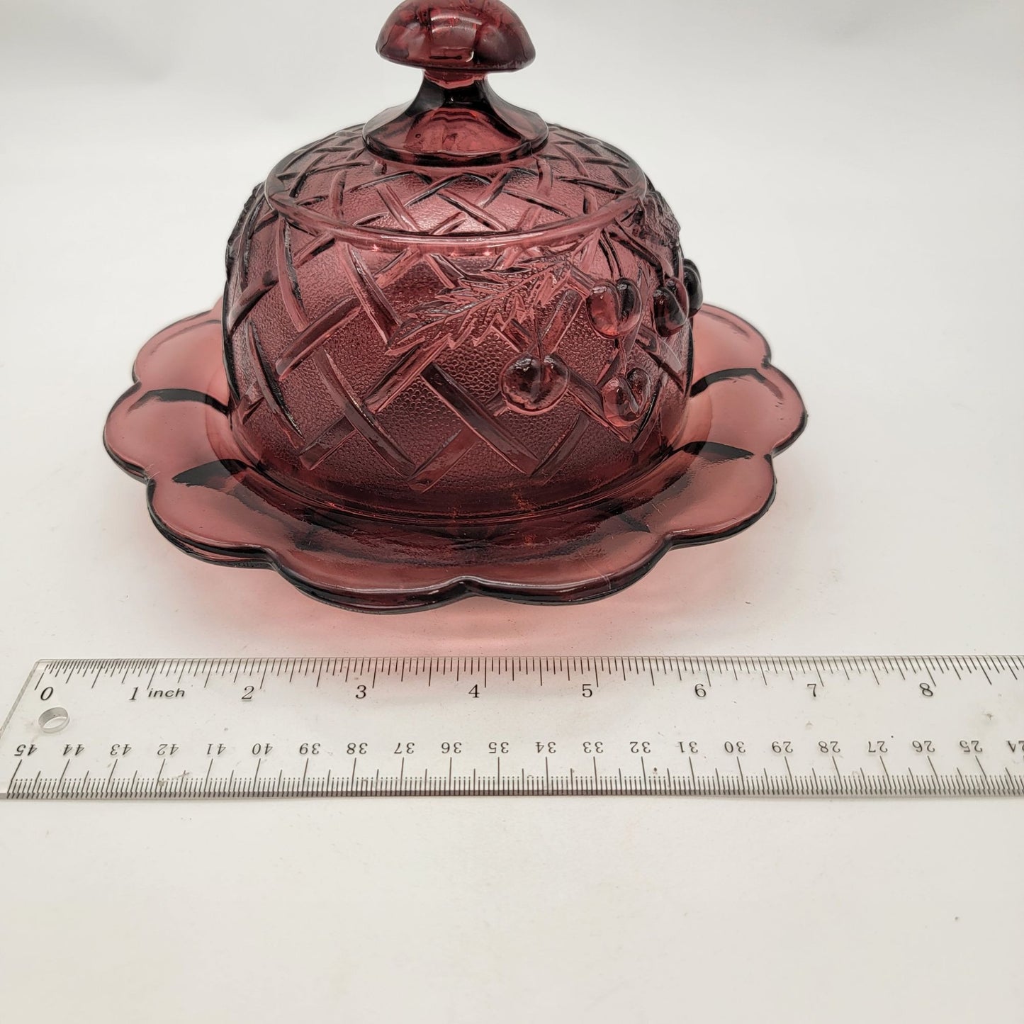 Mosser Amethyst Glass Cherry Lattice Dome Covered Butter Dish