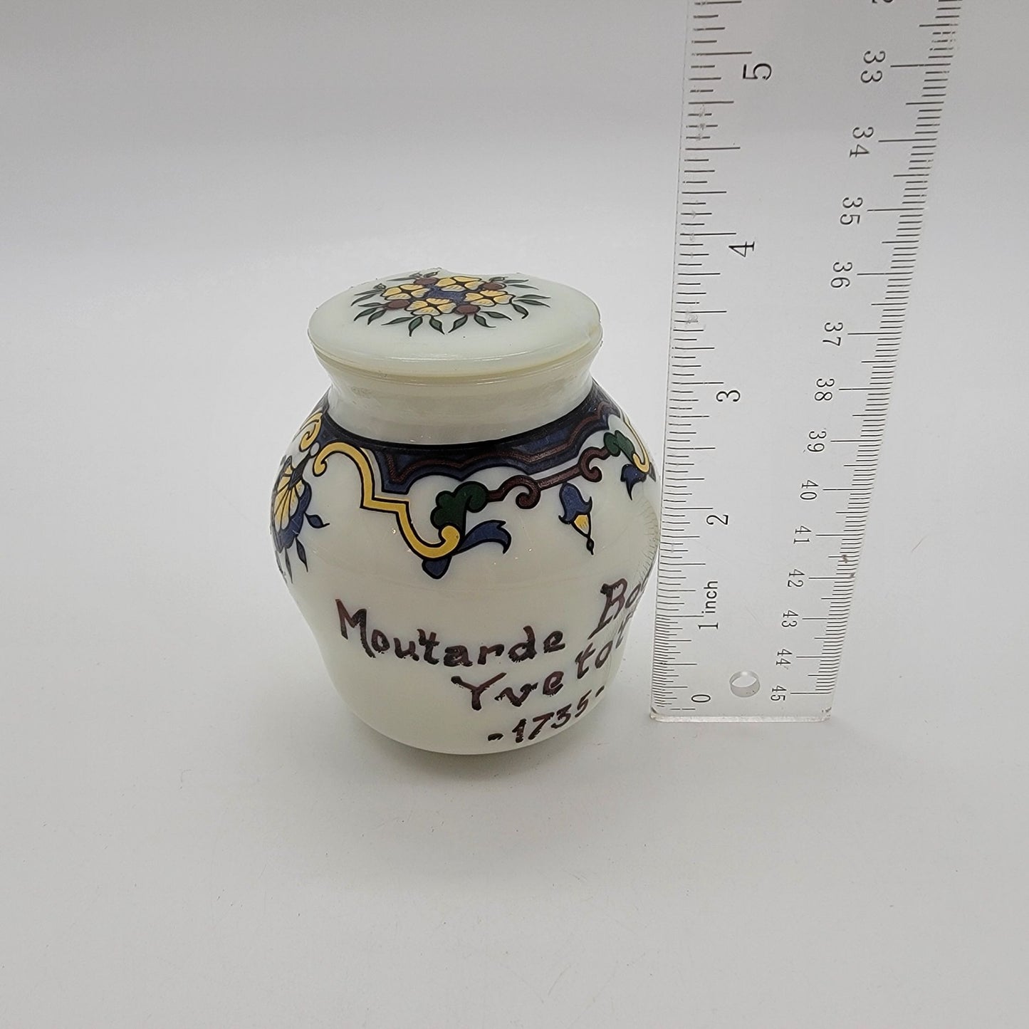 Vintage French Opalex Milk Glass Mustard Jar Moutarde Bocquet Yvetot - As Found