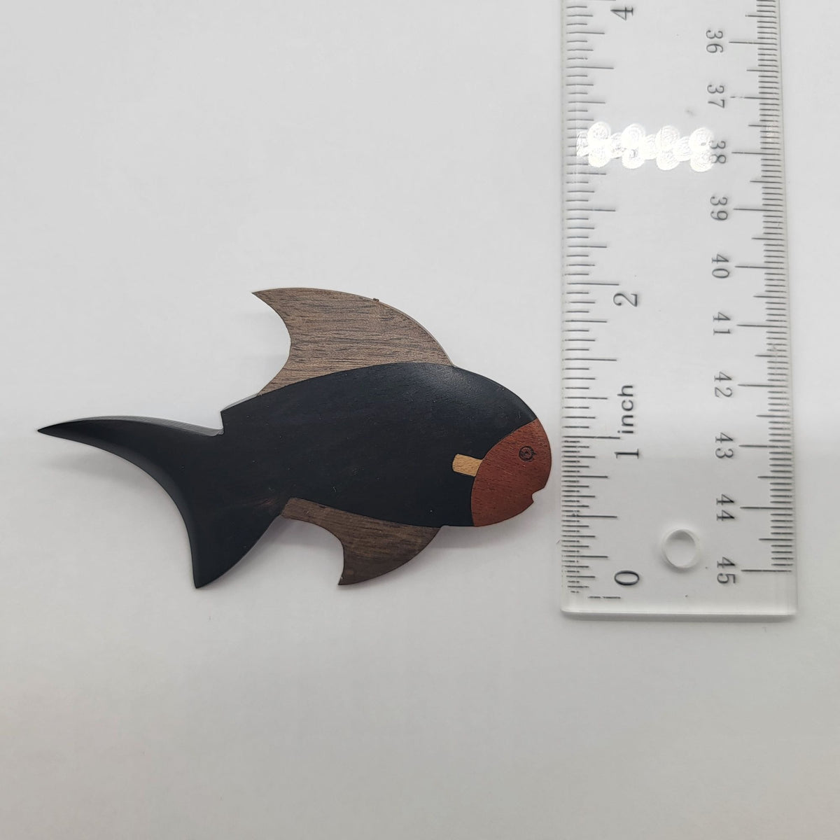 1970s Exotic Woods Parquetry Fish Brooch Pin