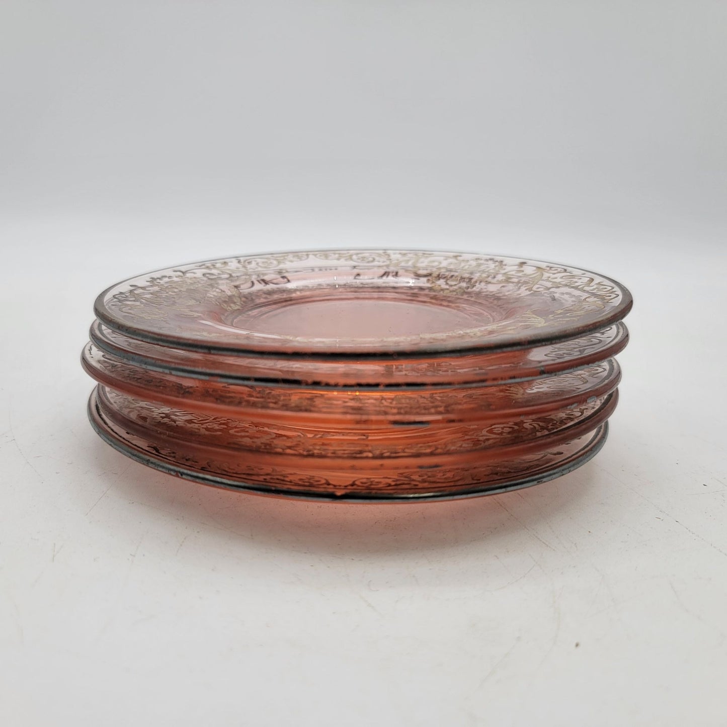 Set Of 5 Vintage Pink Depression Glass Plates With Silver Overlay Scroll Pattern