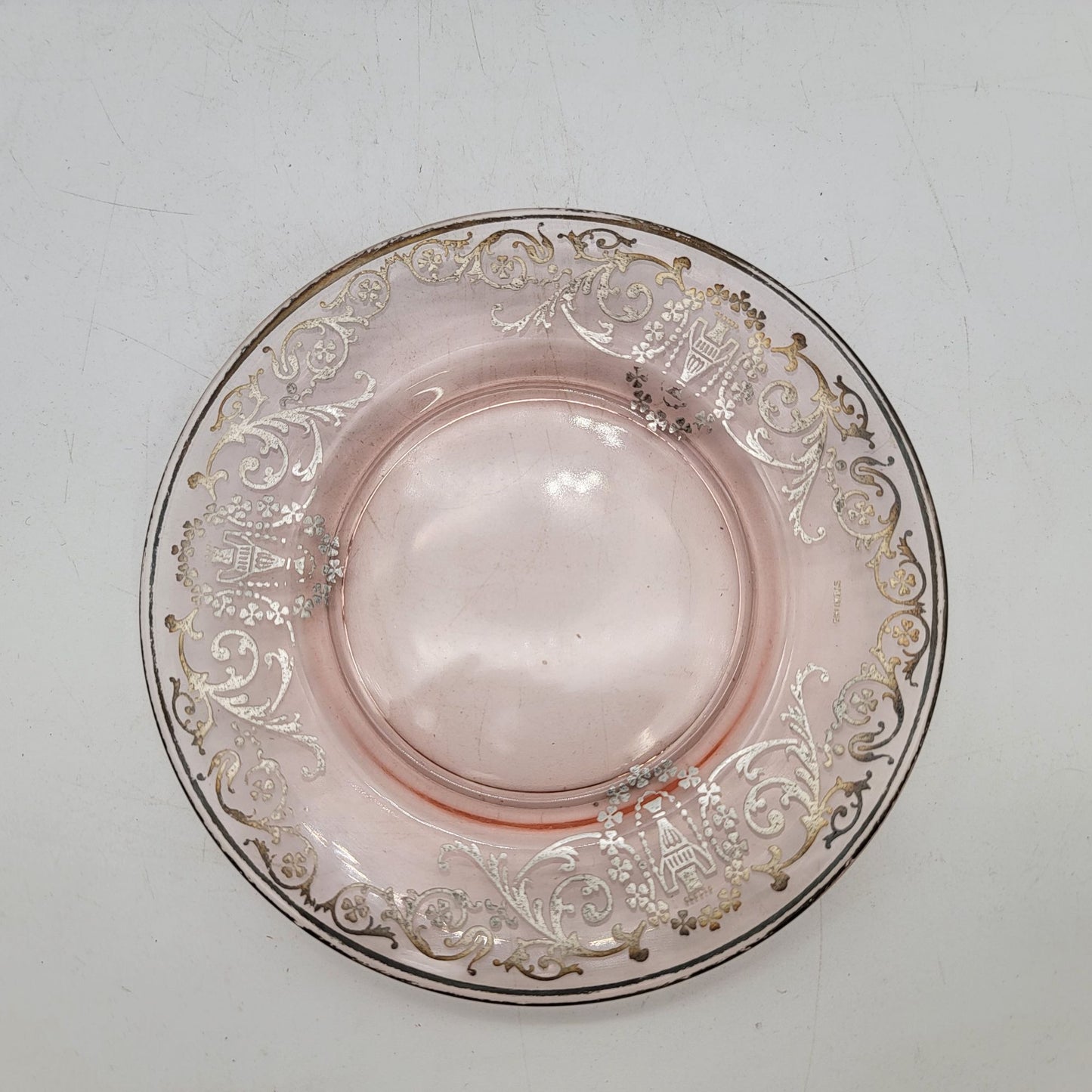 Set Of 5 Vintage Pink Depression Glass Plates With Silver Overlay Scroll Pattern