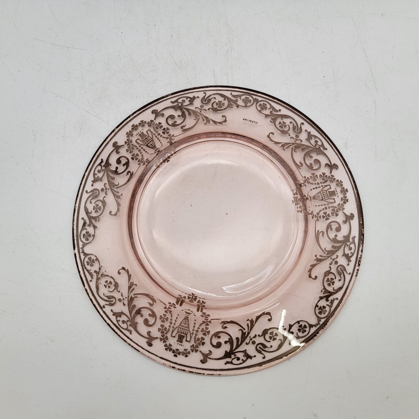 Set Of 5 Vintage Pink Depression Glass Plates With Silver Overlay Scroll Pattern