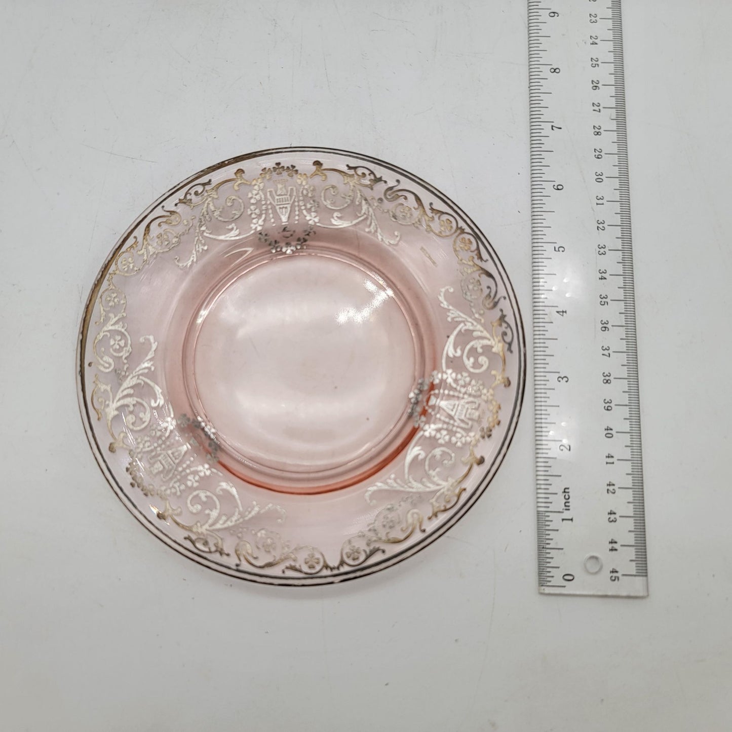 Set Of 5 Vintage Pink Depression Glass Plates With Silver Overlay Scroll Pattern