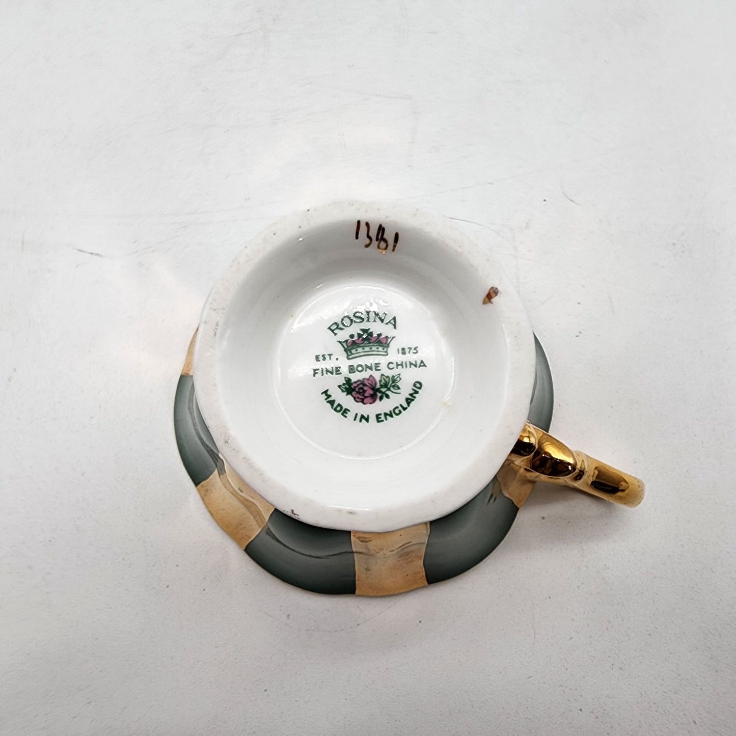 Vintage Rosina Fine Bone China Green & Gold Teacup And Saucer Set