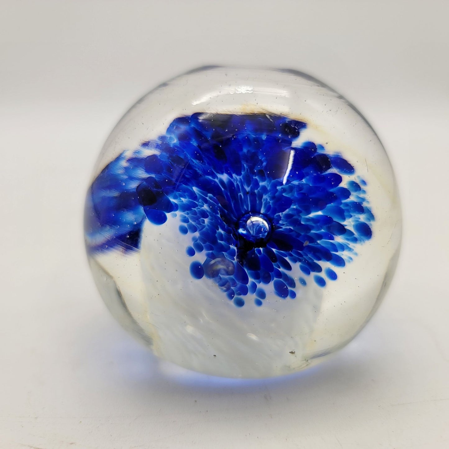 Vintage Art Glass Paperweight Blue & White Swirl Design