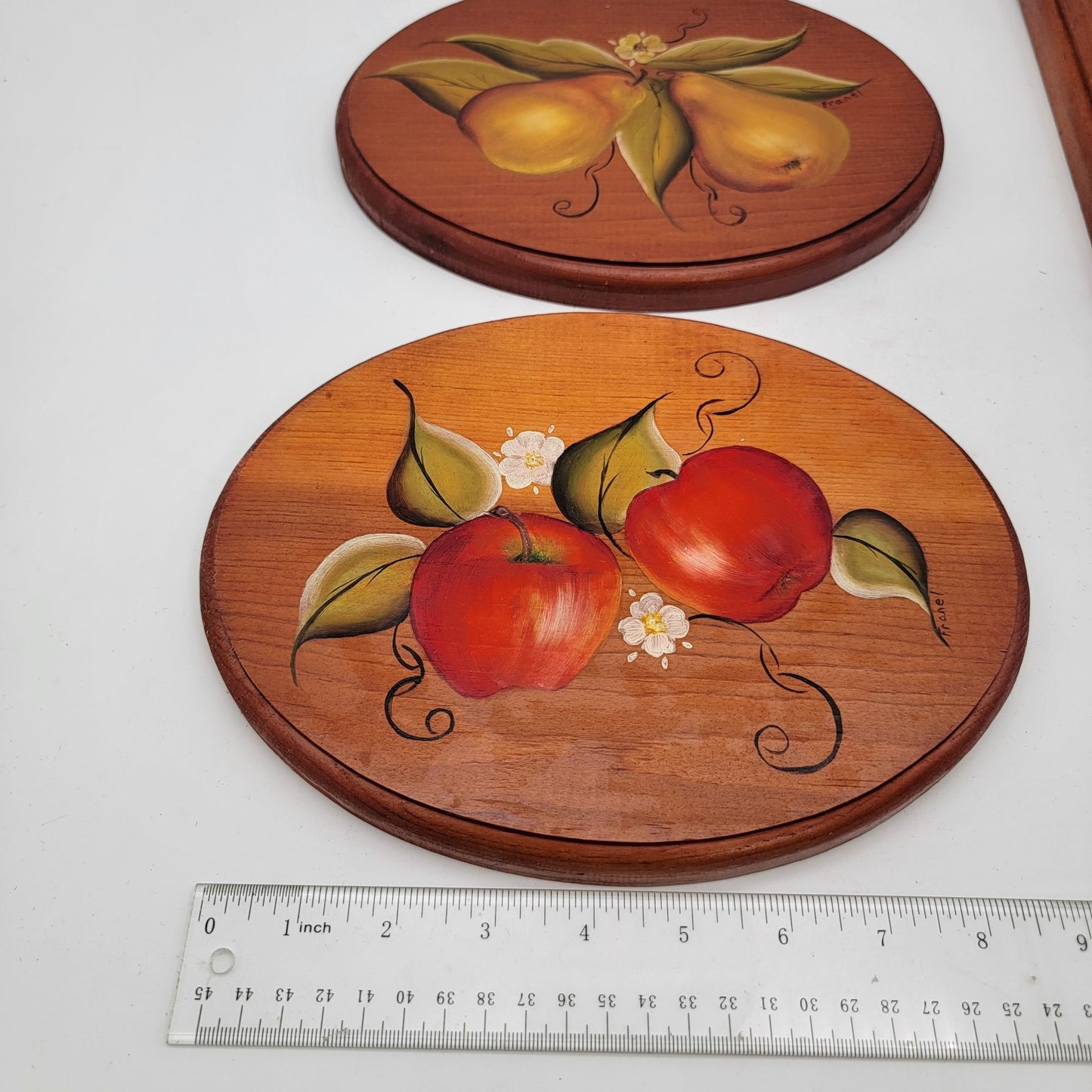 Set Of 4 Vintage Hand-Painted Wooden Wall Plaques With Fruit Designs