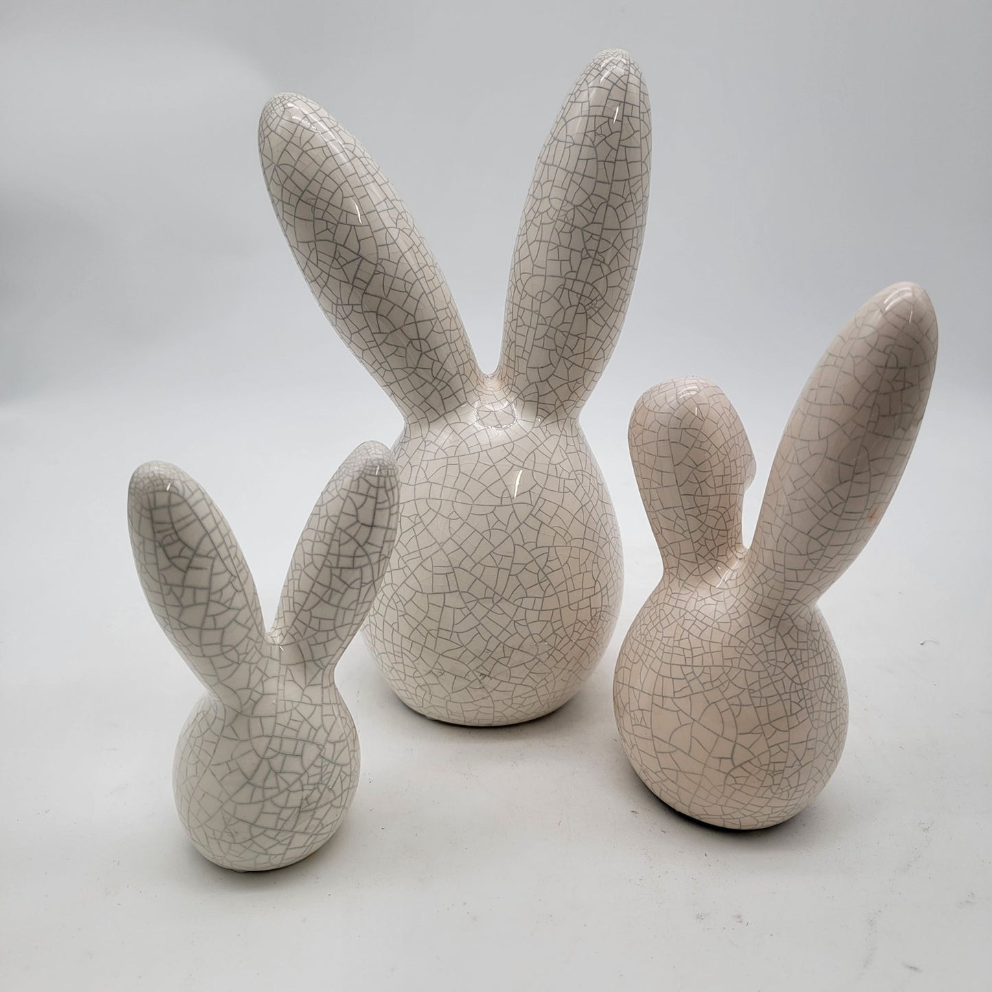 Set of 3 Crackle Glaze Bunny Figurine With Long Ears & Pink Nose