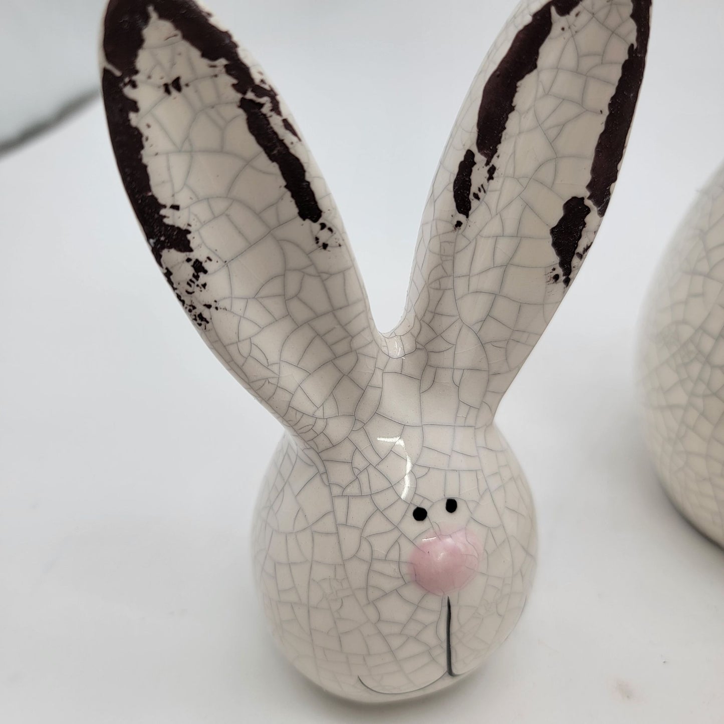 Set of 3 Crackle Glaze Bunny Figurine With Long Ears & Pink Nose