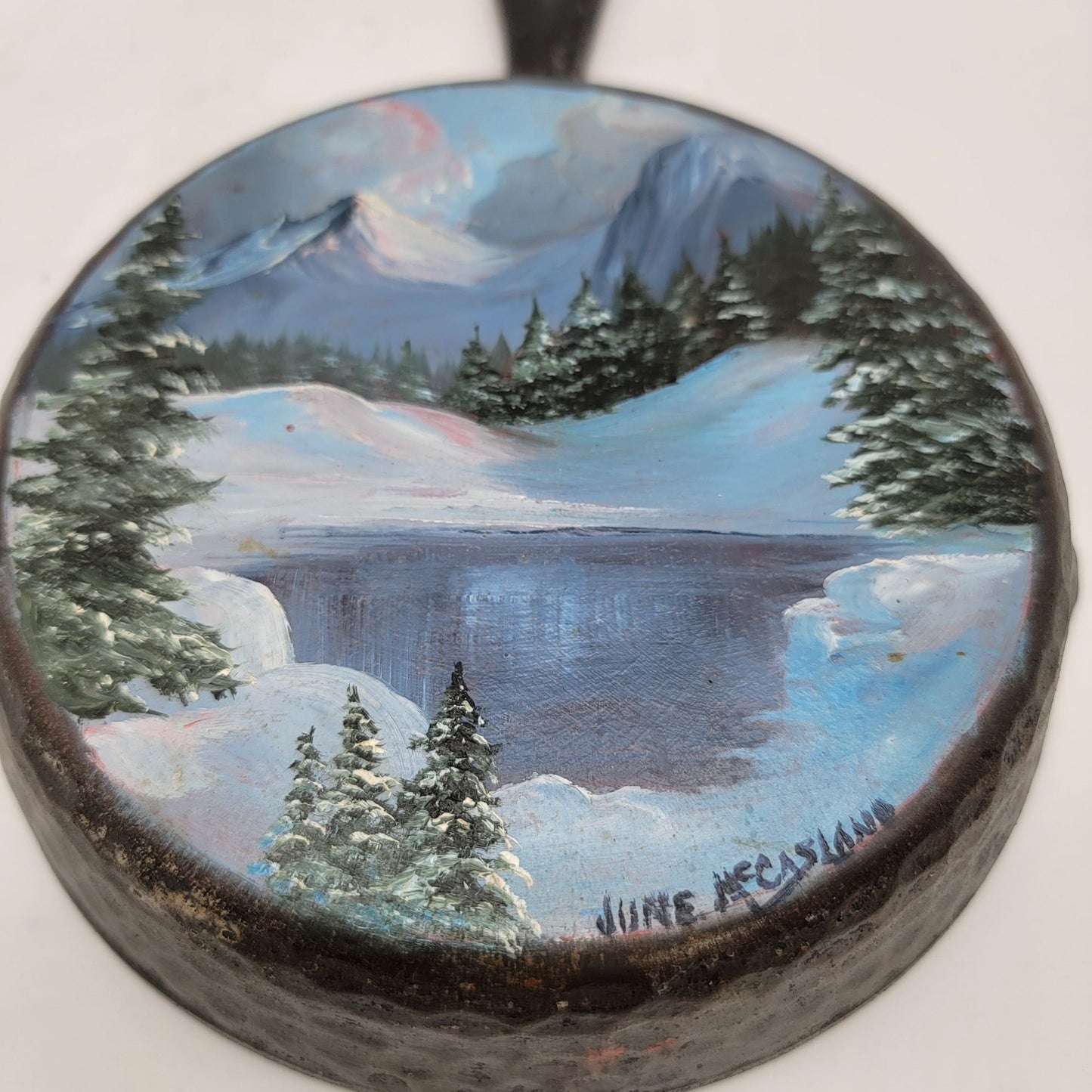 Hand-Painted Vintage Cast Iron Skillet With Winter Scene By June McCasland