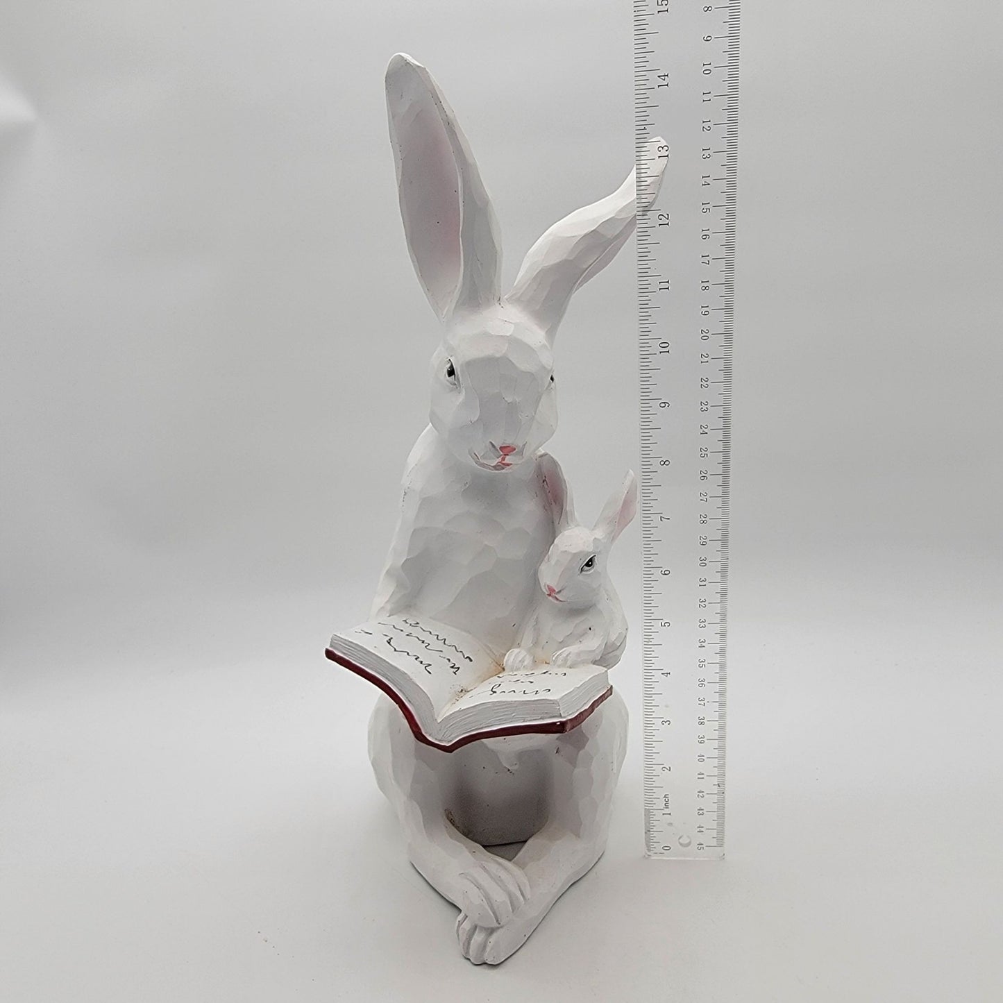 Story Time Bunny Rabbit White Distressed Faux Wood Garden Sculpture