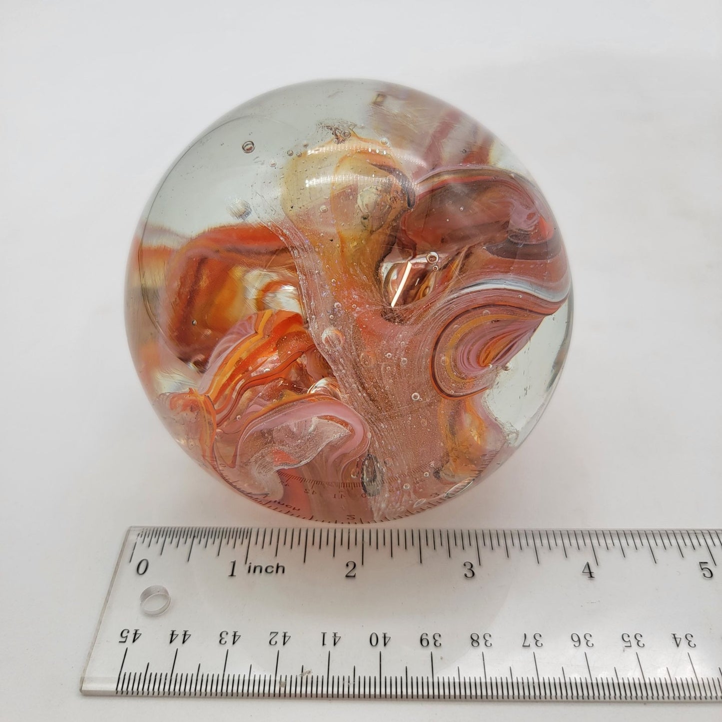 Vintage Signed Art Glass Paperweight With Orange & Red Swirls