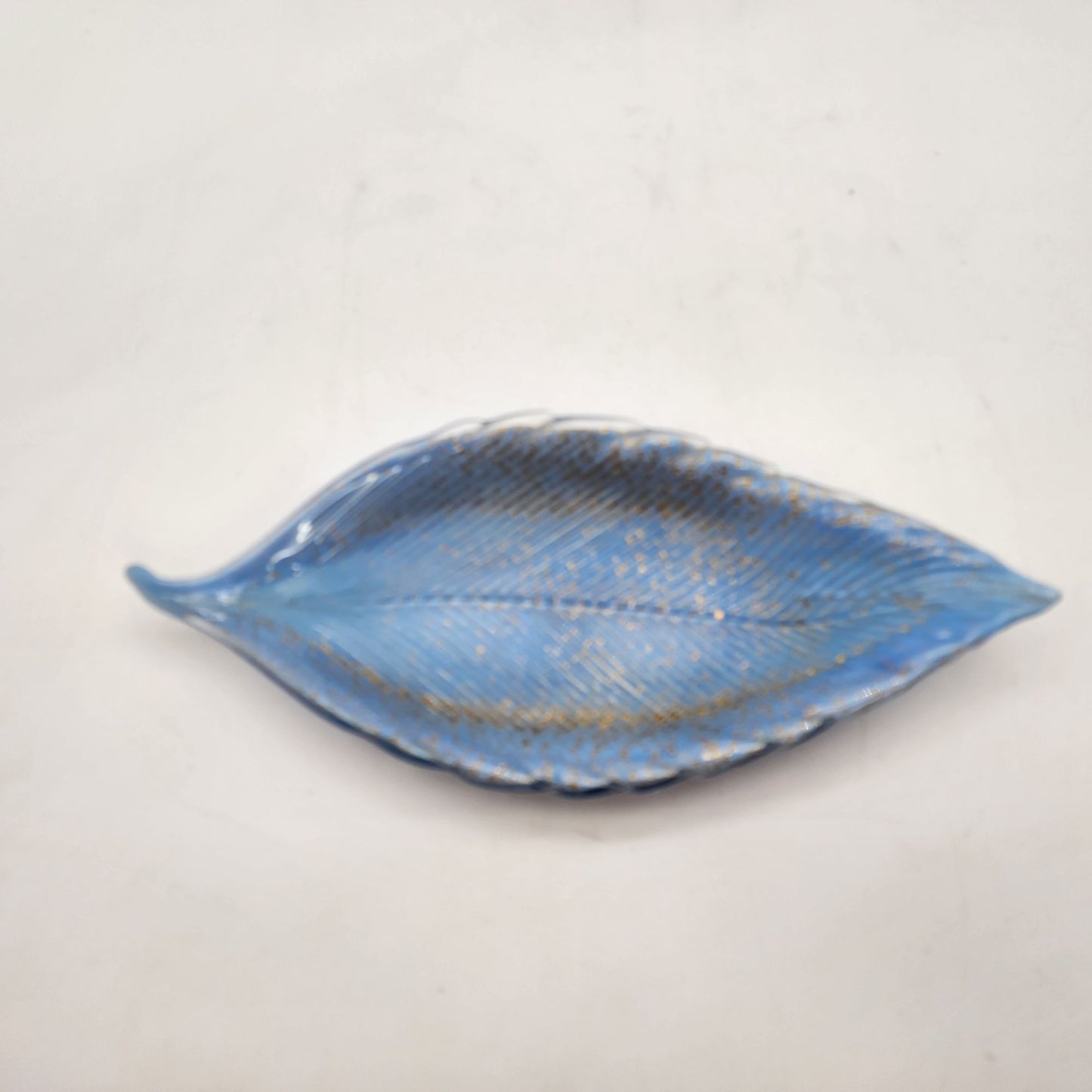 Handblown Vintage Venetian Blue Glass Leaf Dish With Gold Accents