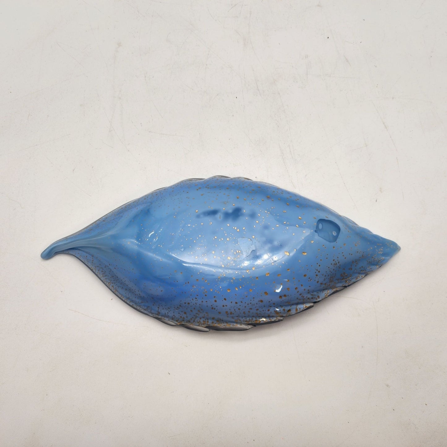 Handblown Vintage Venetian Blue Glass Leaf Dish With Gold Accents