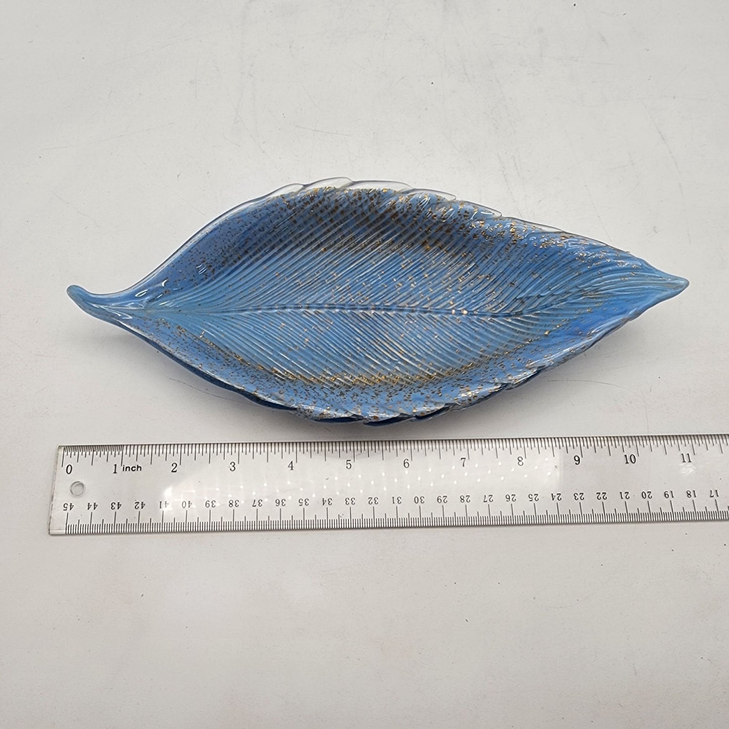 Handblown Vintage Venetian Blue Glass Leaf Dish With Gold Accents