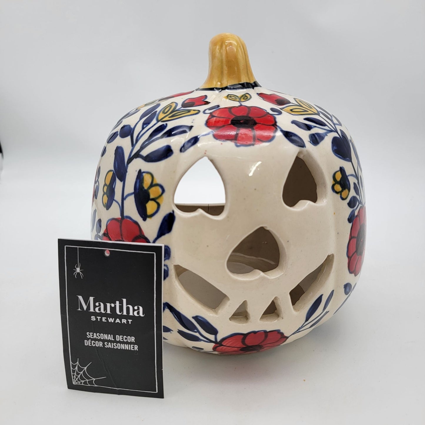 Talavera Style Halloween Pumpkin Jack-O-Lantern White with Red Flowers