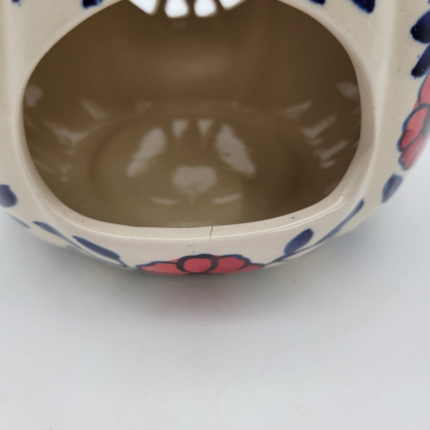 Talavera Style Halloween Pumpkin Jack-O-Lantern White with Red Flowers