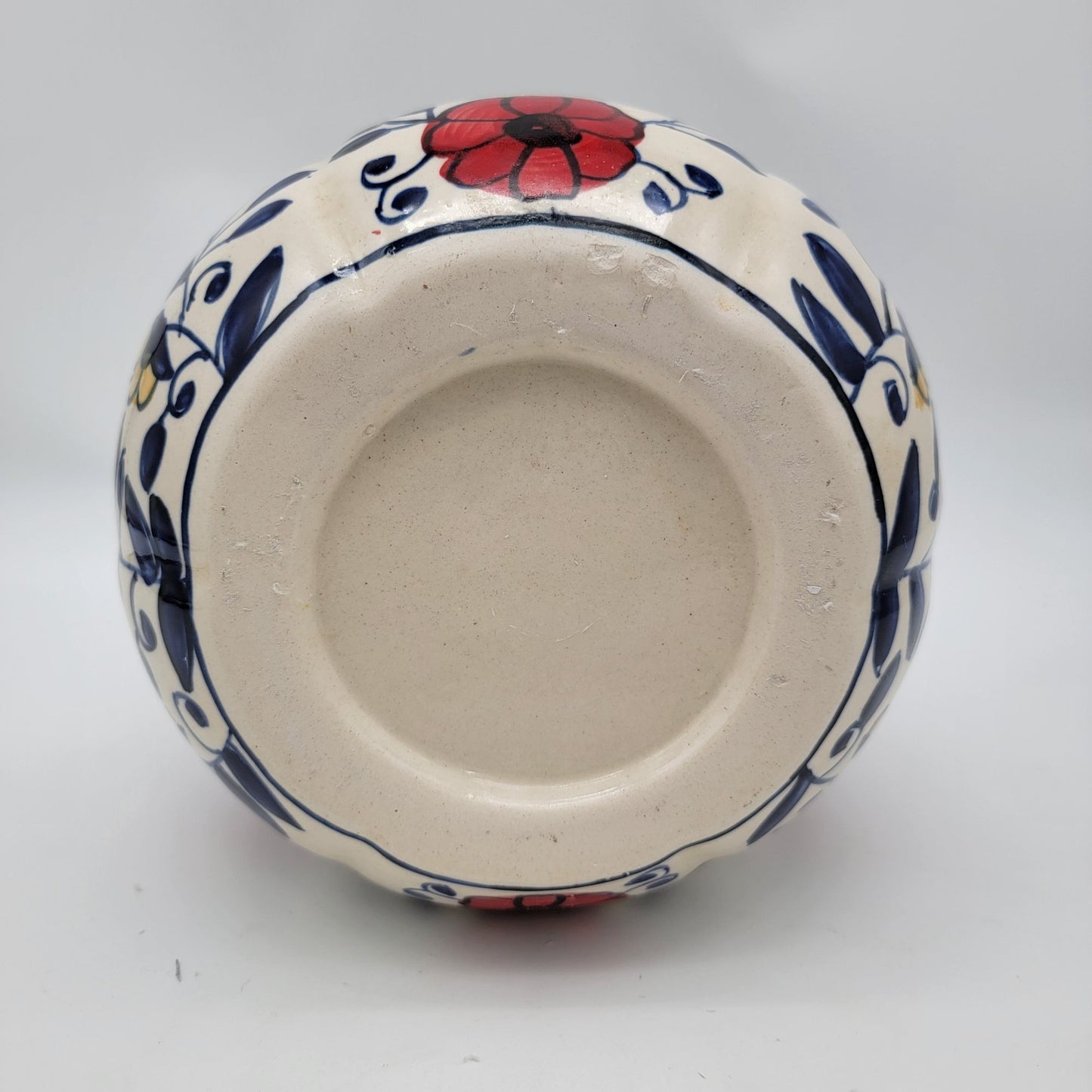 Talavera Style Halloween Pumpkin Jack-O-Lantern White with Red Flowers