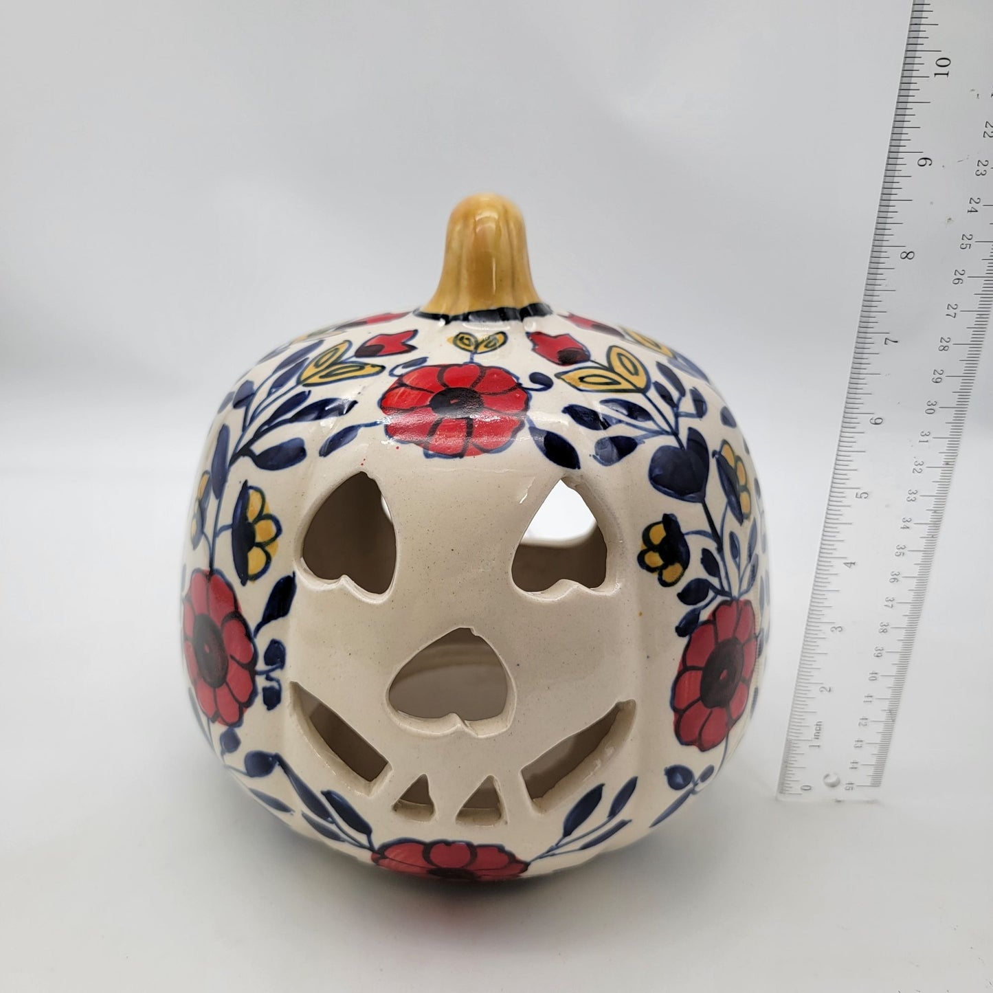 Talavera Style Halloween Pumpkin Jack-O-Lantern White with Red Flowers