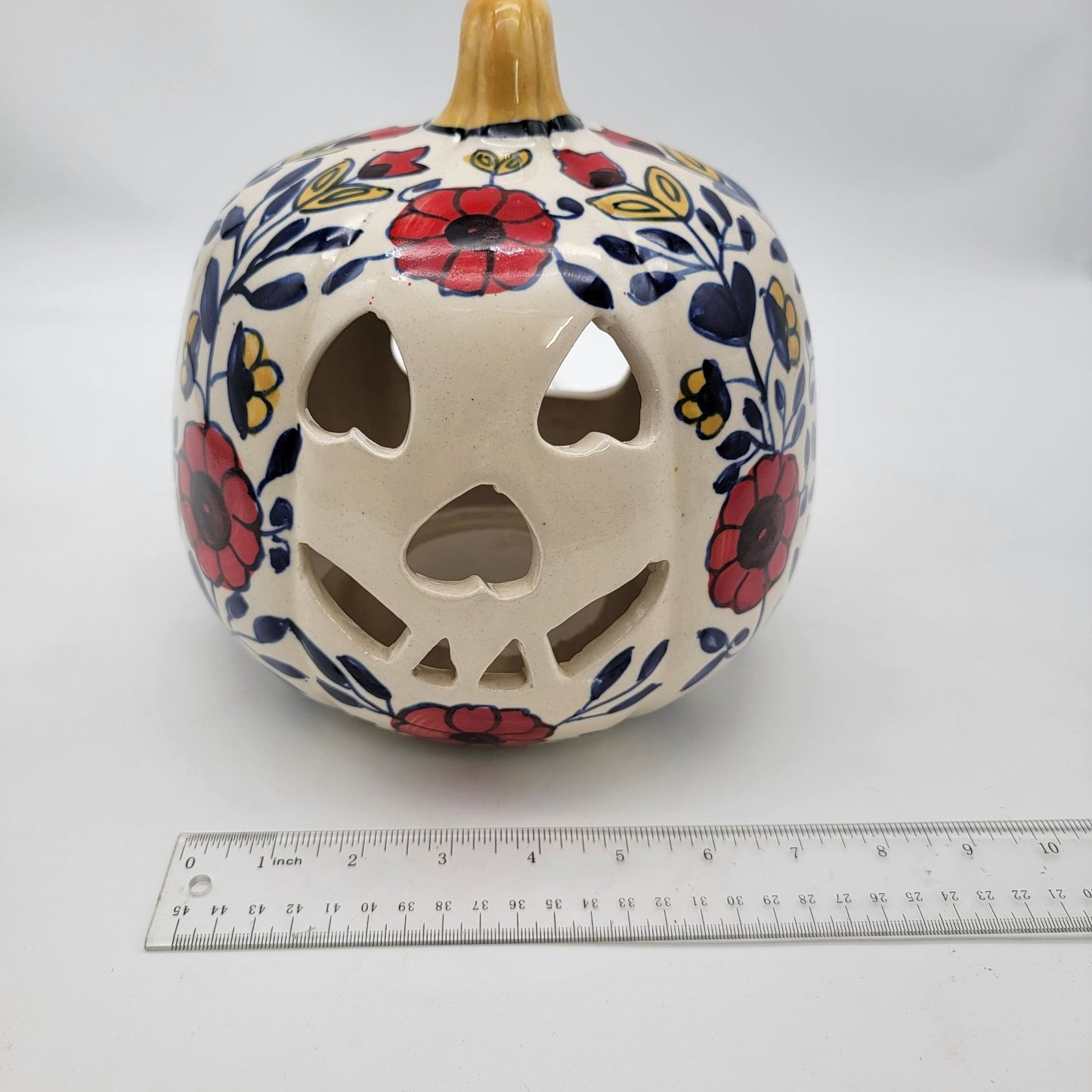 Talavera Style Halloween Pumpkin Jack-O-Lantern White with Red Flowers