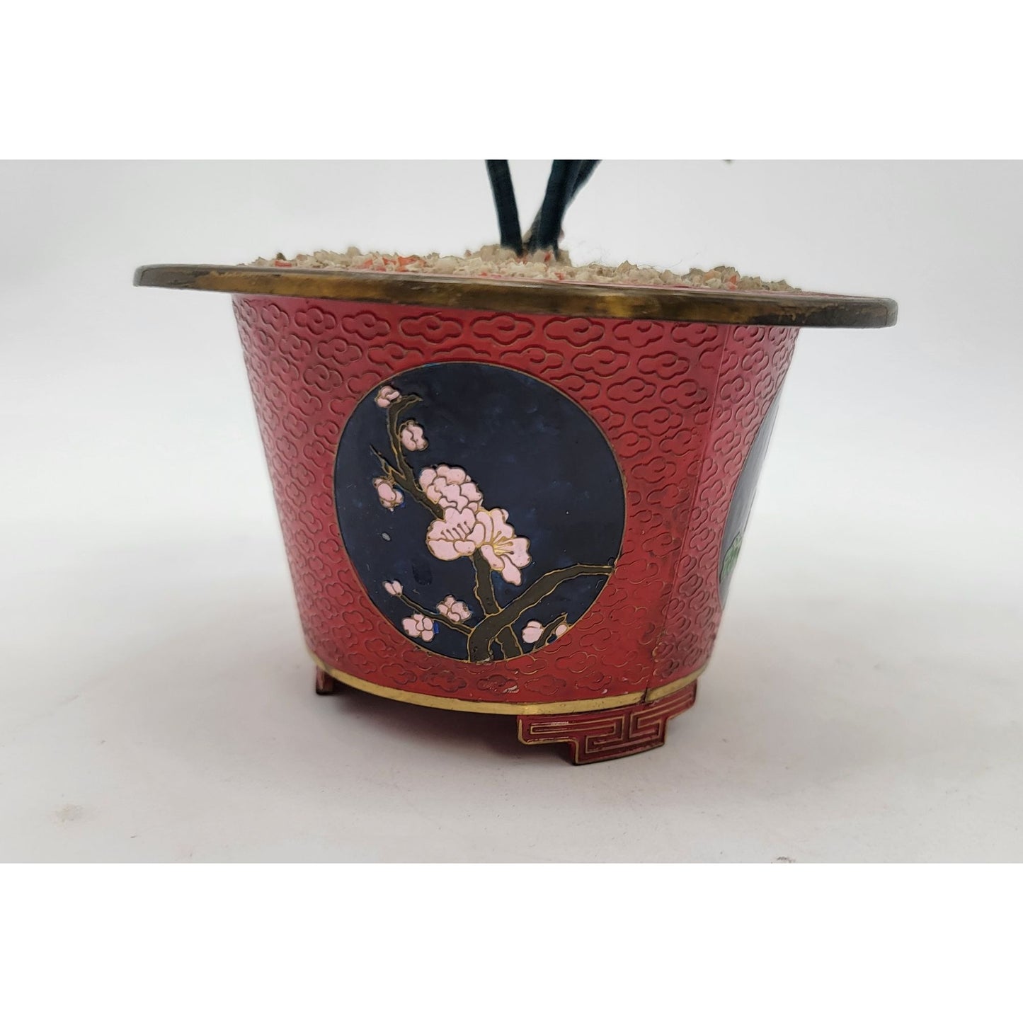Vintage Gass Bonsai Jade Tree In Red Cloisonne Pot