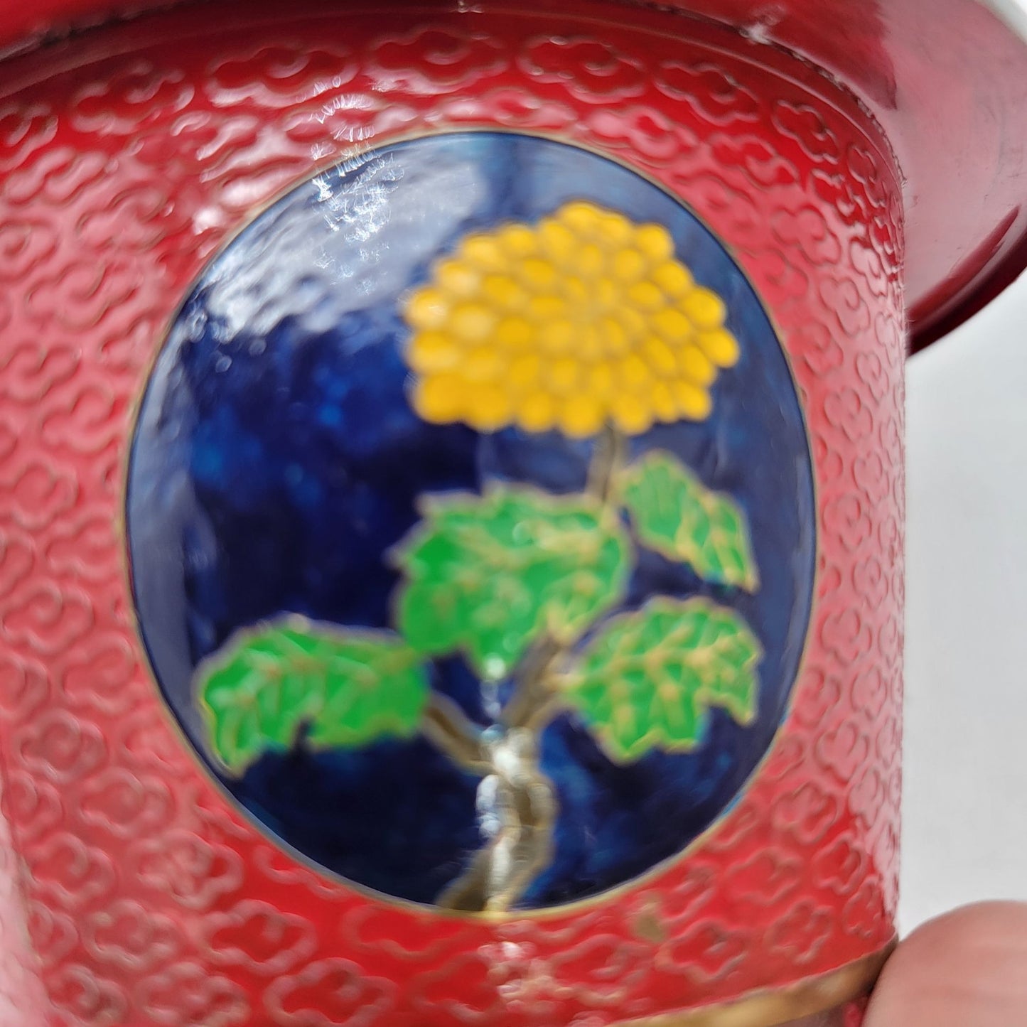 Vintage Gass Bonsai Jade Tree In Red Cloisonne Pot