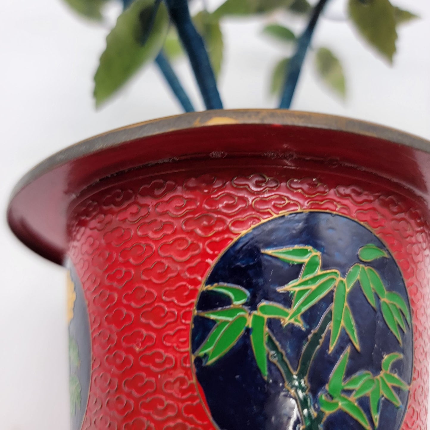 Vintage Gass Bonsai Jade Tree In Red Cloisonne Pot