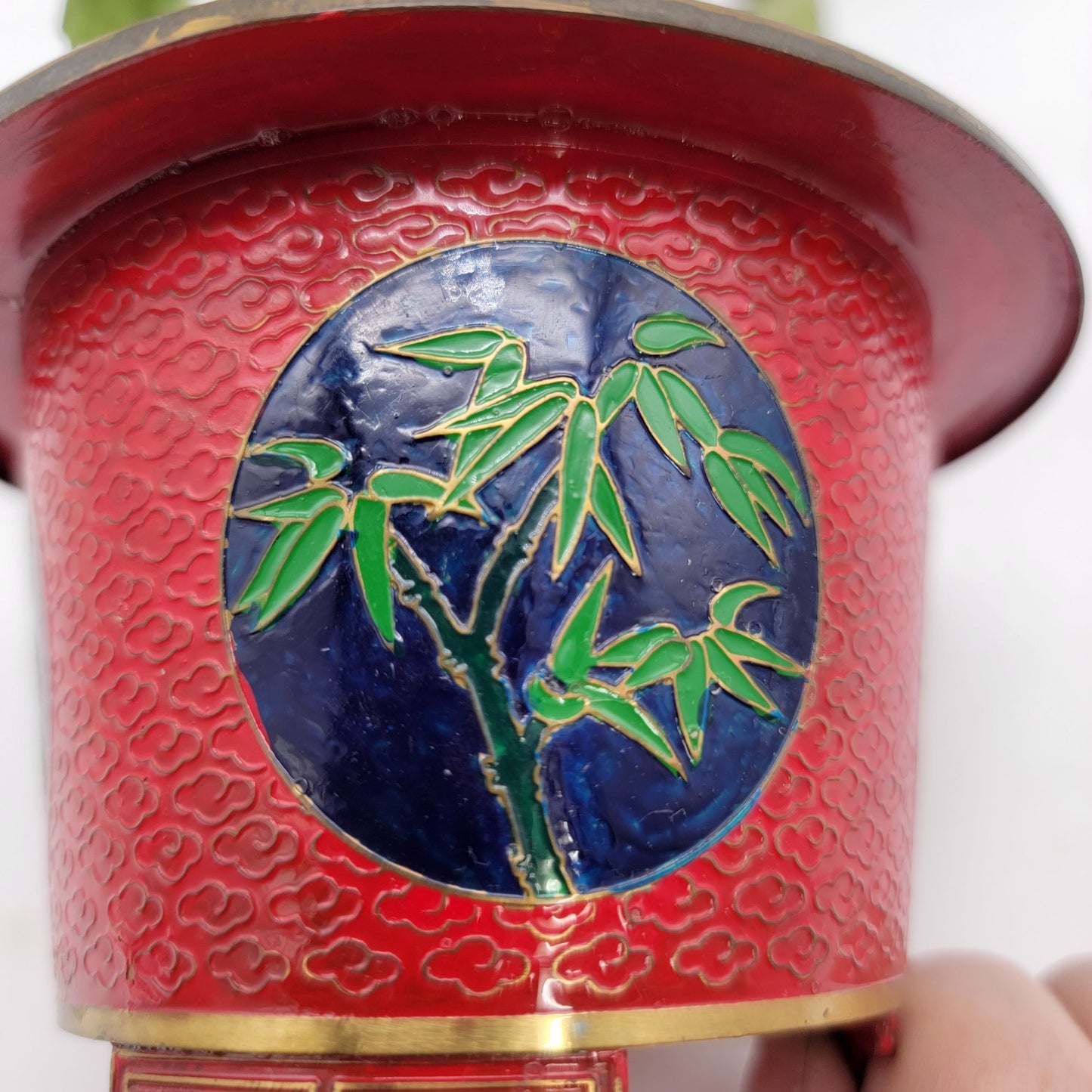 Vintage Gass Bonsai Jade Tree In Red Cloisonne Pot