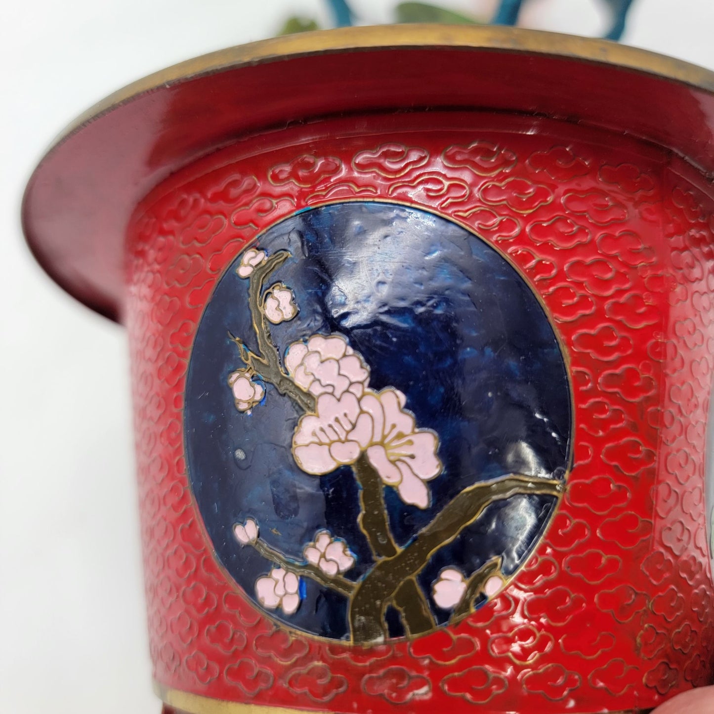 Vintage Gass Bonsai Jade Tree In Red Cloisonne Pot