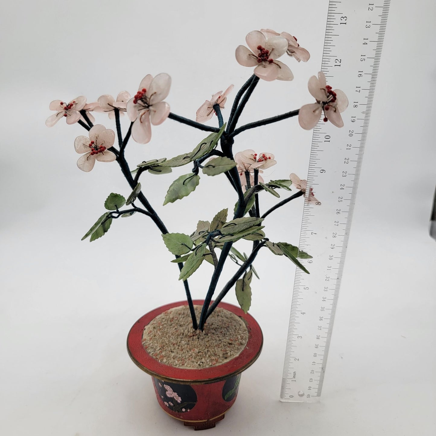 Vintage Gass Bonsai Jade Tree In Red Cloisonne Pot
