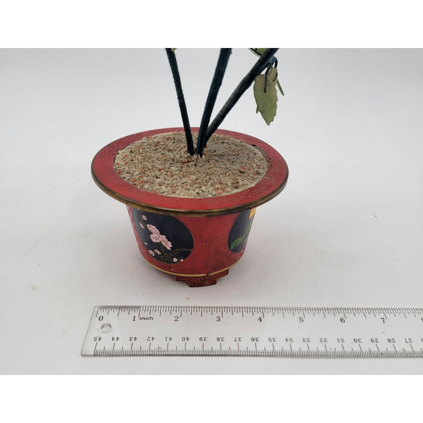 Vintage Gass Bonsai Jade Tree In Red Cloisonne Pot