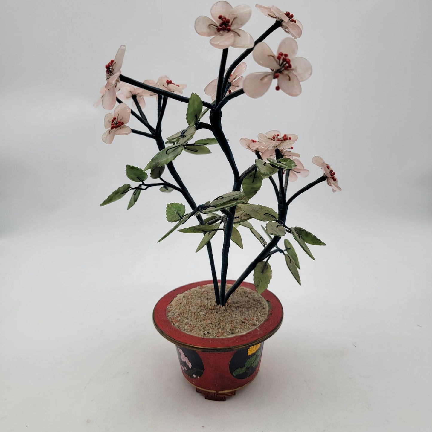 Vintage Gass Bonsai Jade Tree In Red Cloisonne Pot