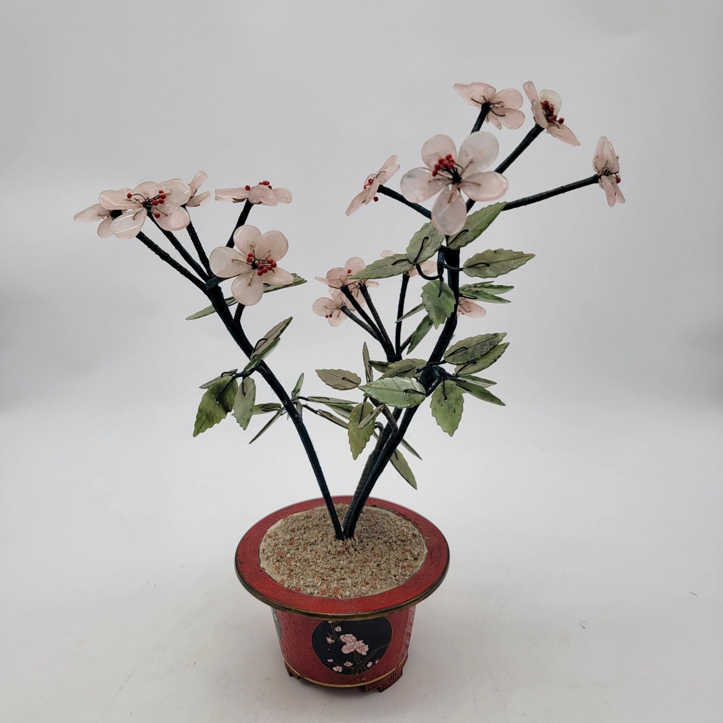 Vintage Gass Bonsai Jade Tree In Red Cloisonne Pot