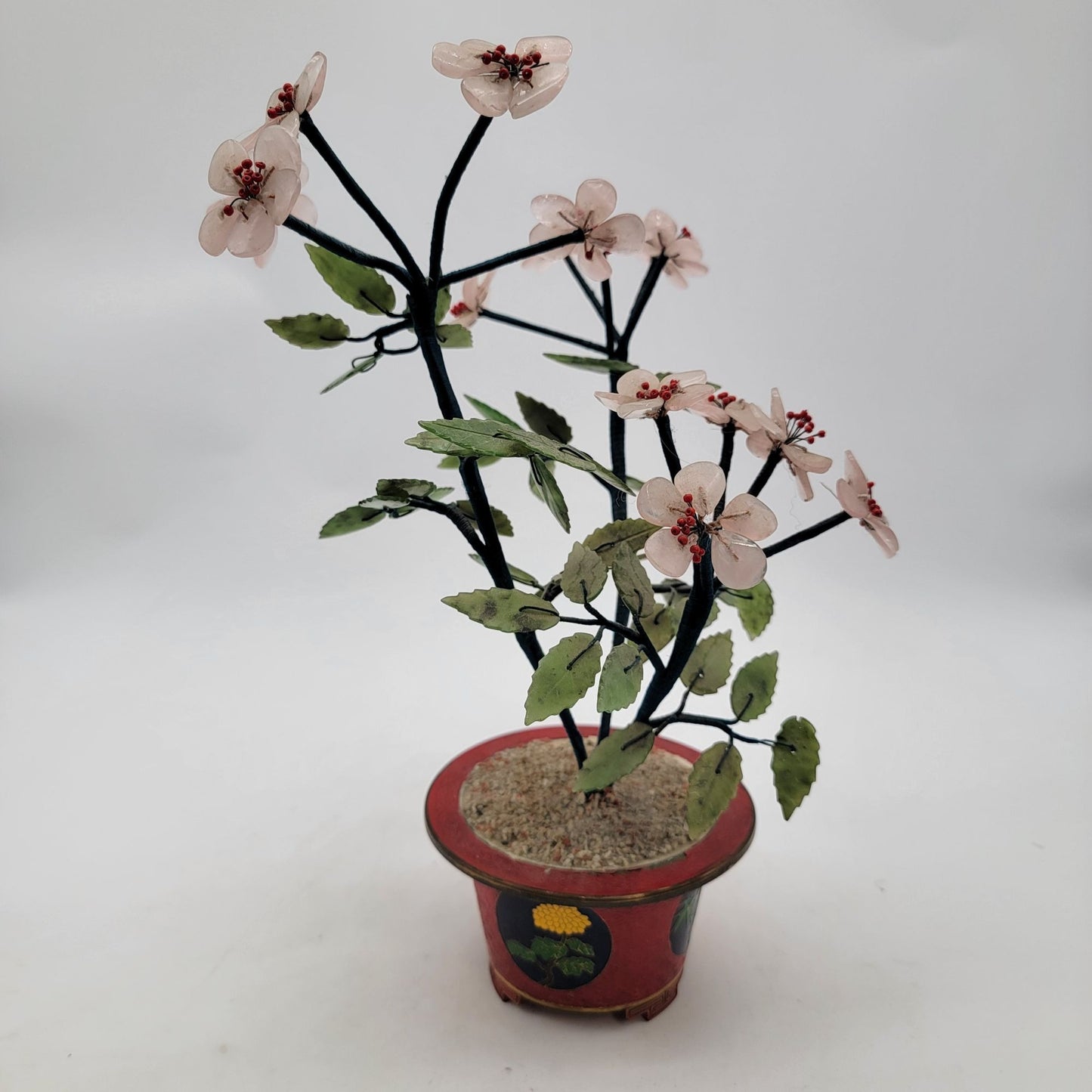 Vintage Gass Bonsai Jade Tree In Red Cloisonne Pot