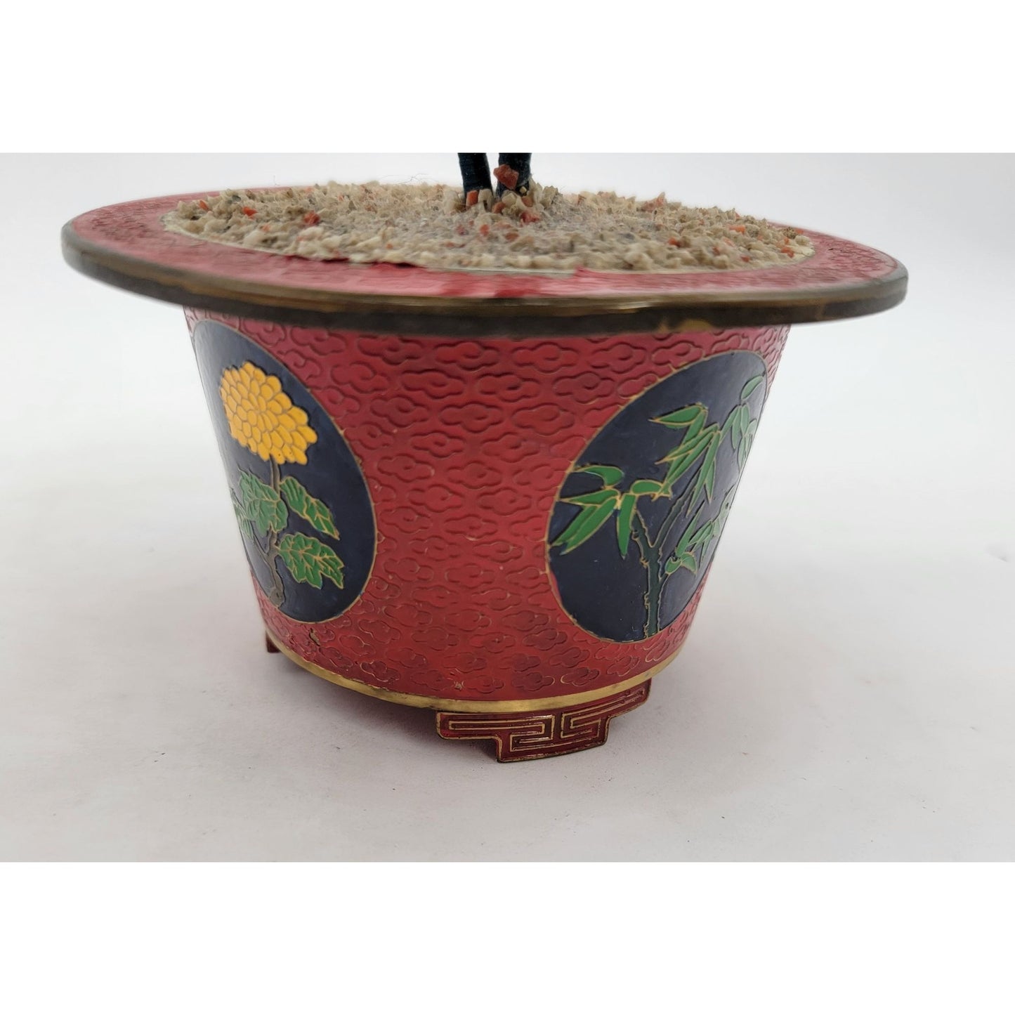 Vintage Gass Bonsai Jade Tree In Red Cloisonne Pot