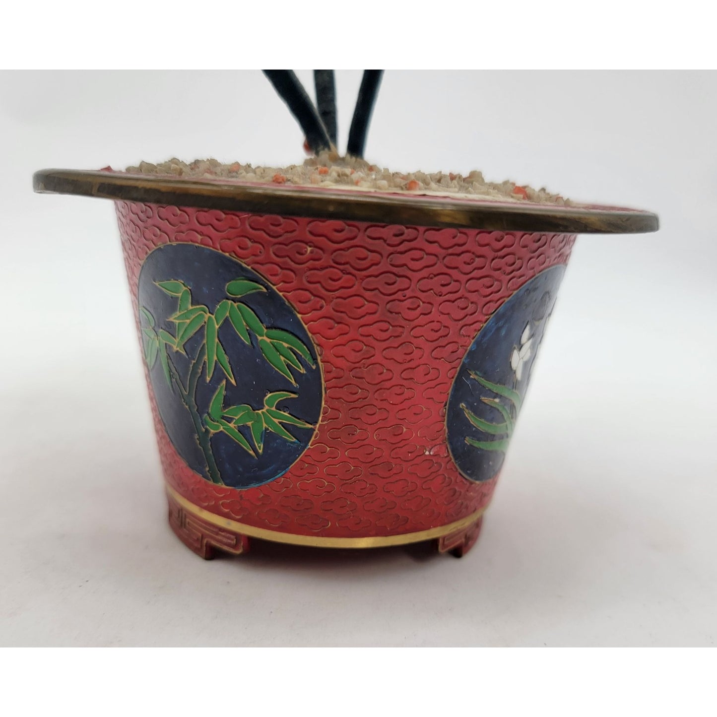 Vintage Gass Bonsai Jade Tree In Red Cloisonne Pot