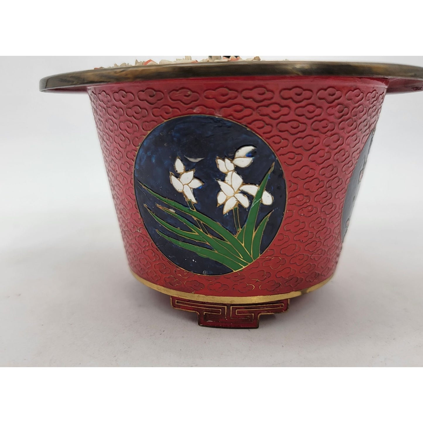 Vintage Gass Bonsai Jade Tree In Red Cloisonne Pot
