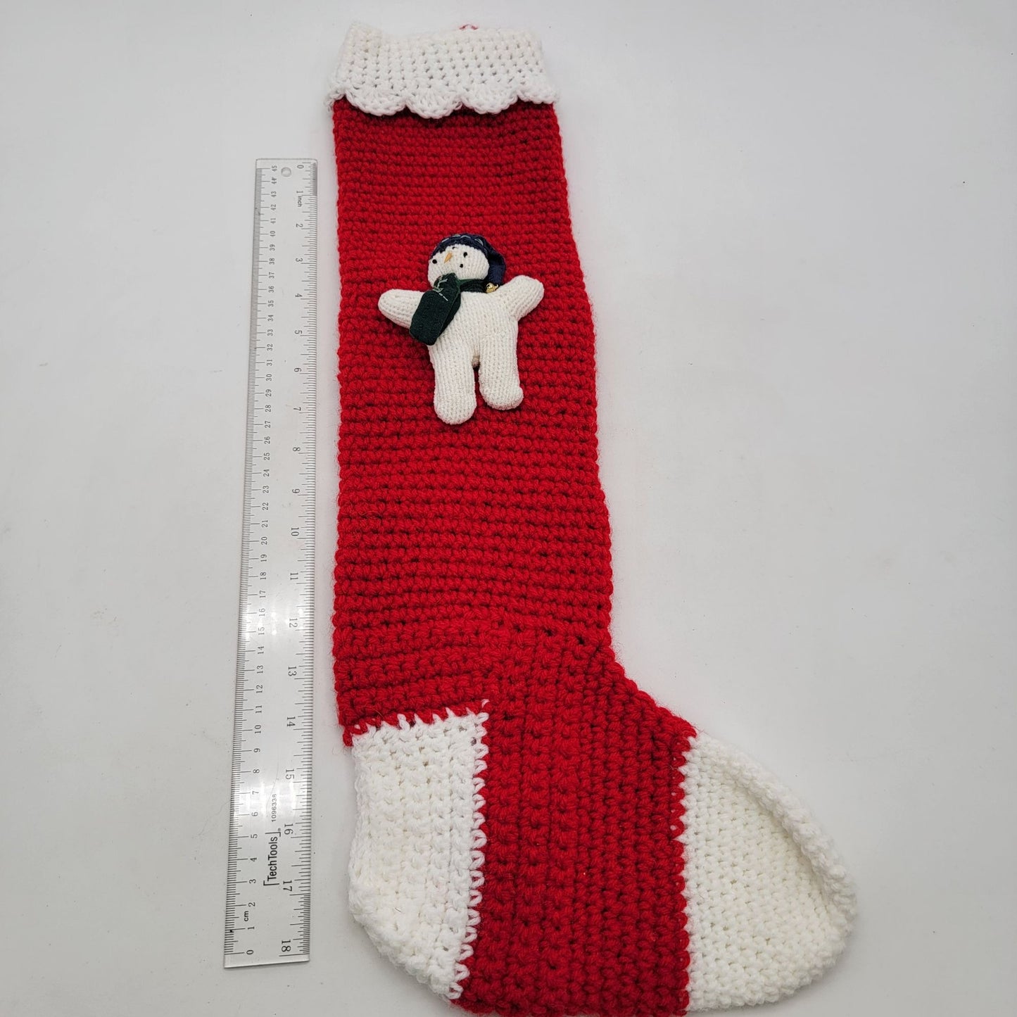 Vintage Hand-Crocheted Snowman Christmas Stocking Red & White