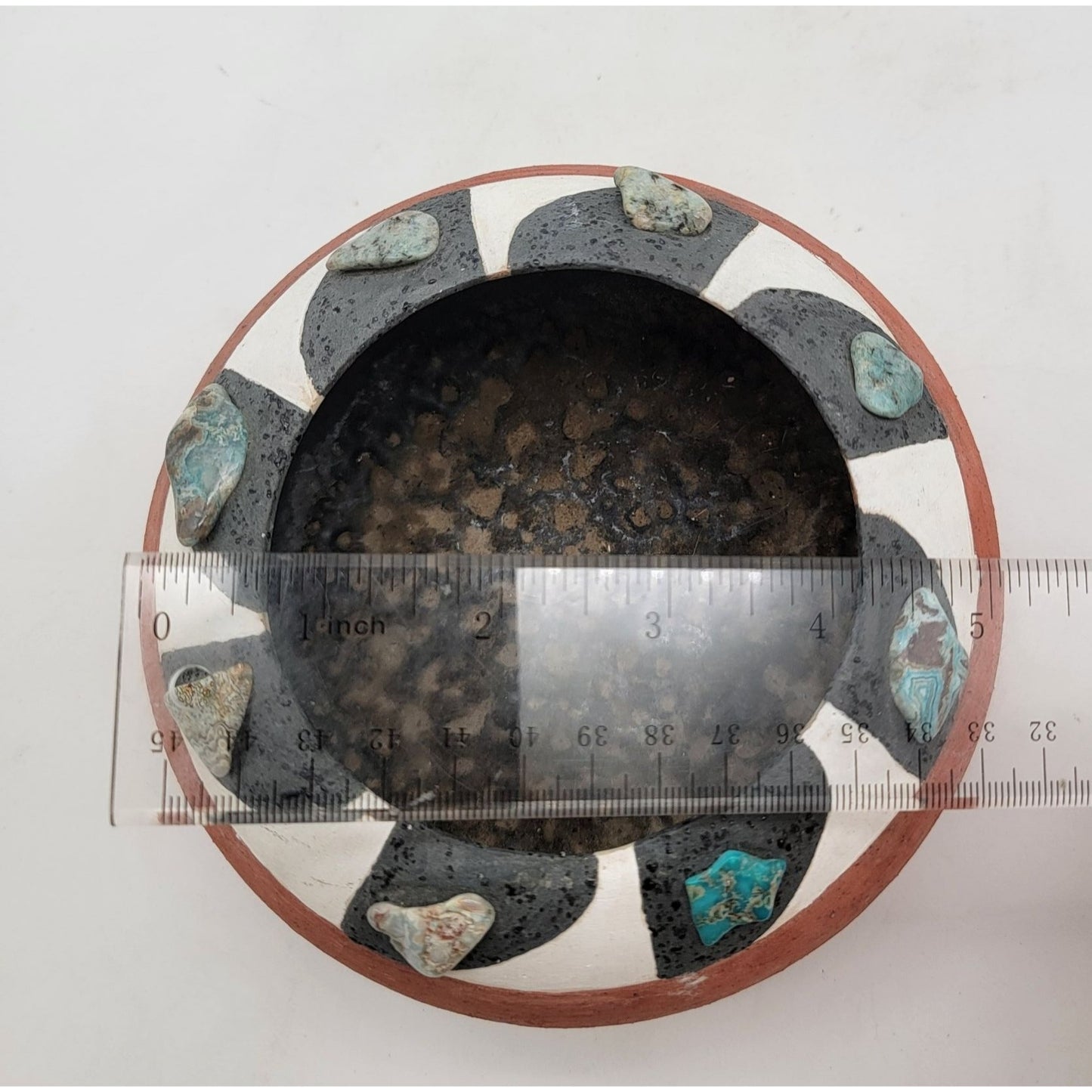 Native American Handmade Terracotta Pot Adorned With Turquoise Gemstones & Black/White Design