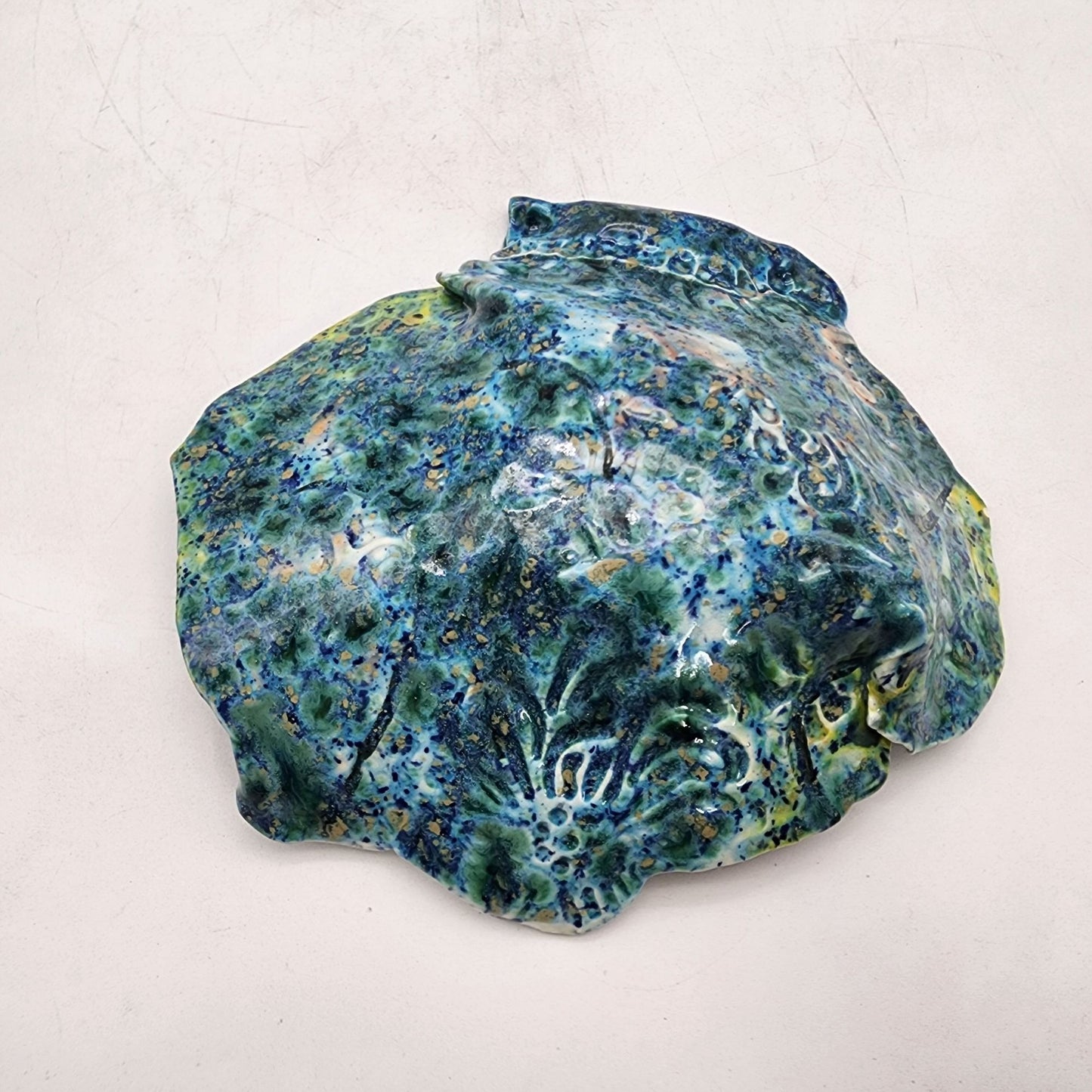 Blue Speckled Pottery Abstract Folded Dish Larger