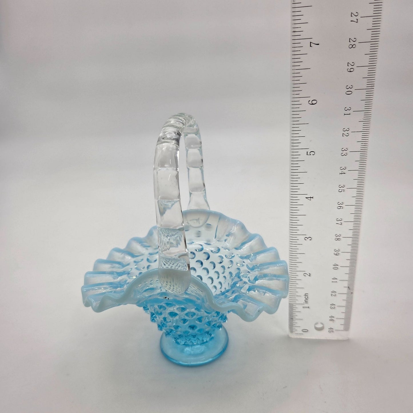 Vintage Fenton Blue Opalescent Glass Hobnail Ruffle Basket