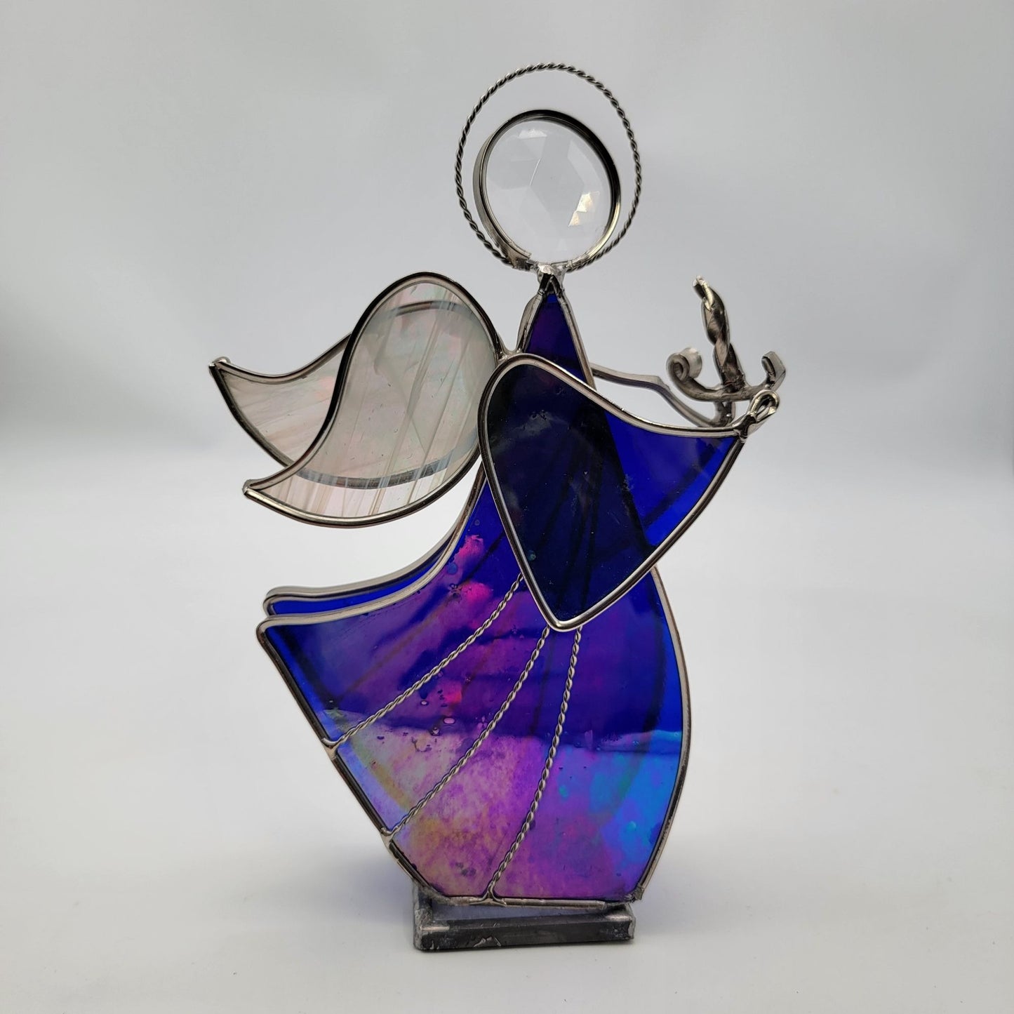 Stained Glass Angel Figurine With Iridescent Blue Purple & Clear Textured Glass