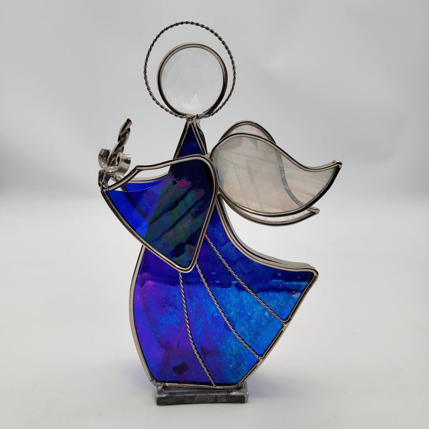 Stained Glass Angel Figurine With Iridescent Blue Purple & Clear Textured Glass
