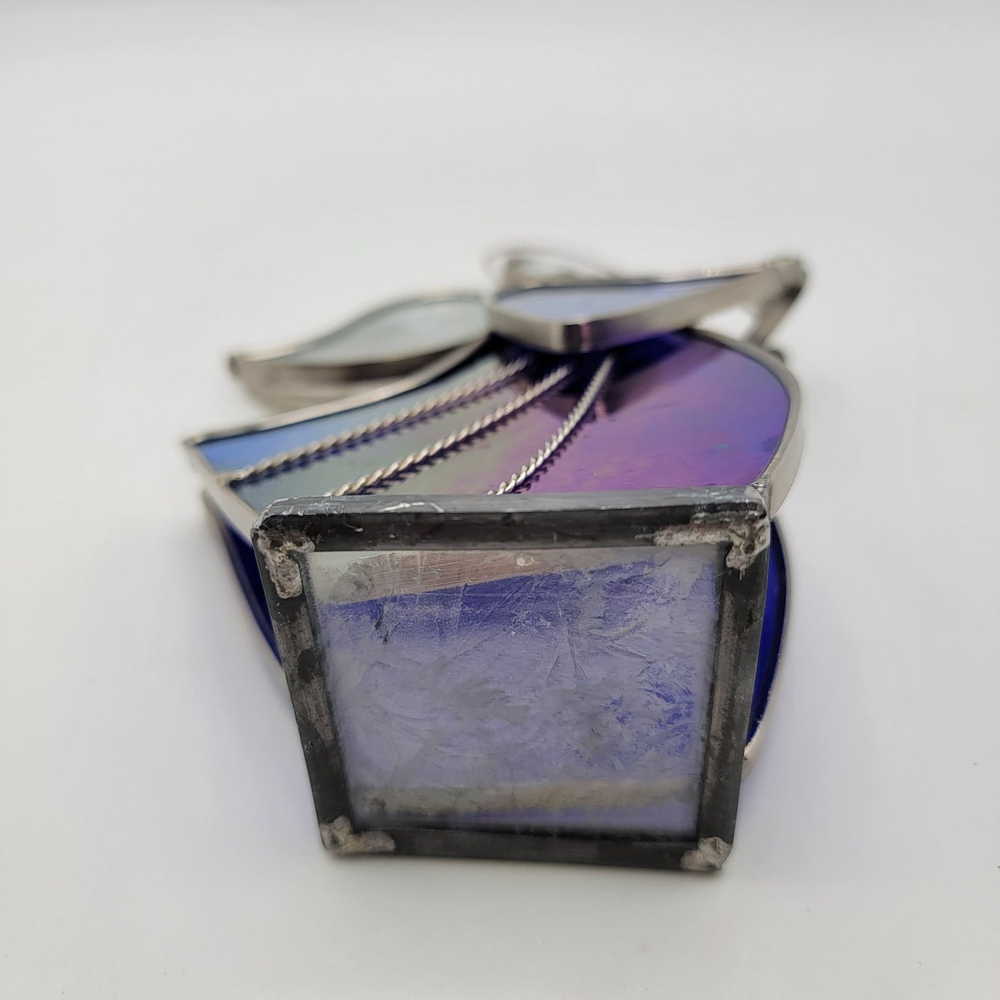 Stained Glass Angel Figurine With Iridescent Blue Purple & Clear Textured Glass