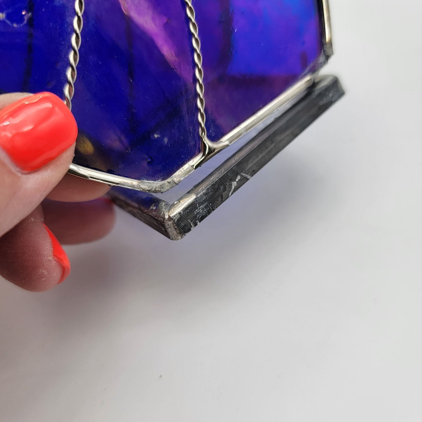 Stained Glass Angel Figurine With Iridescent Blue Purple & Clear Textured Glass