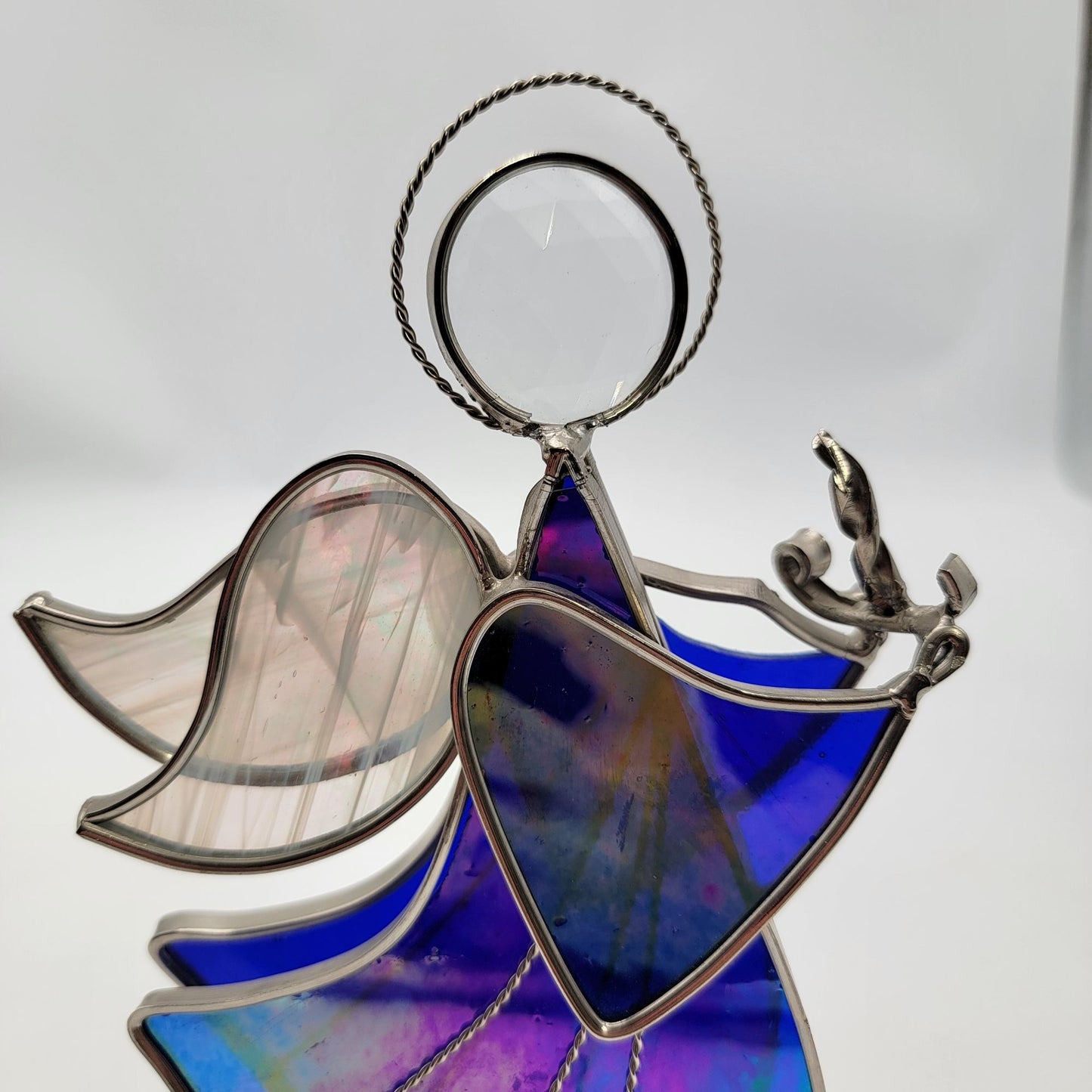 Stained Glass Angel Figurine With Iridescent Blue Purple & Clear Textured Glass