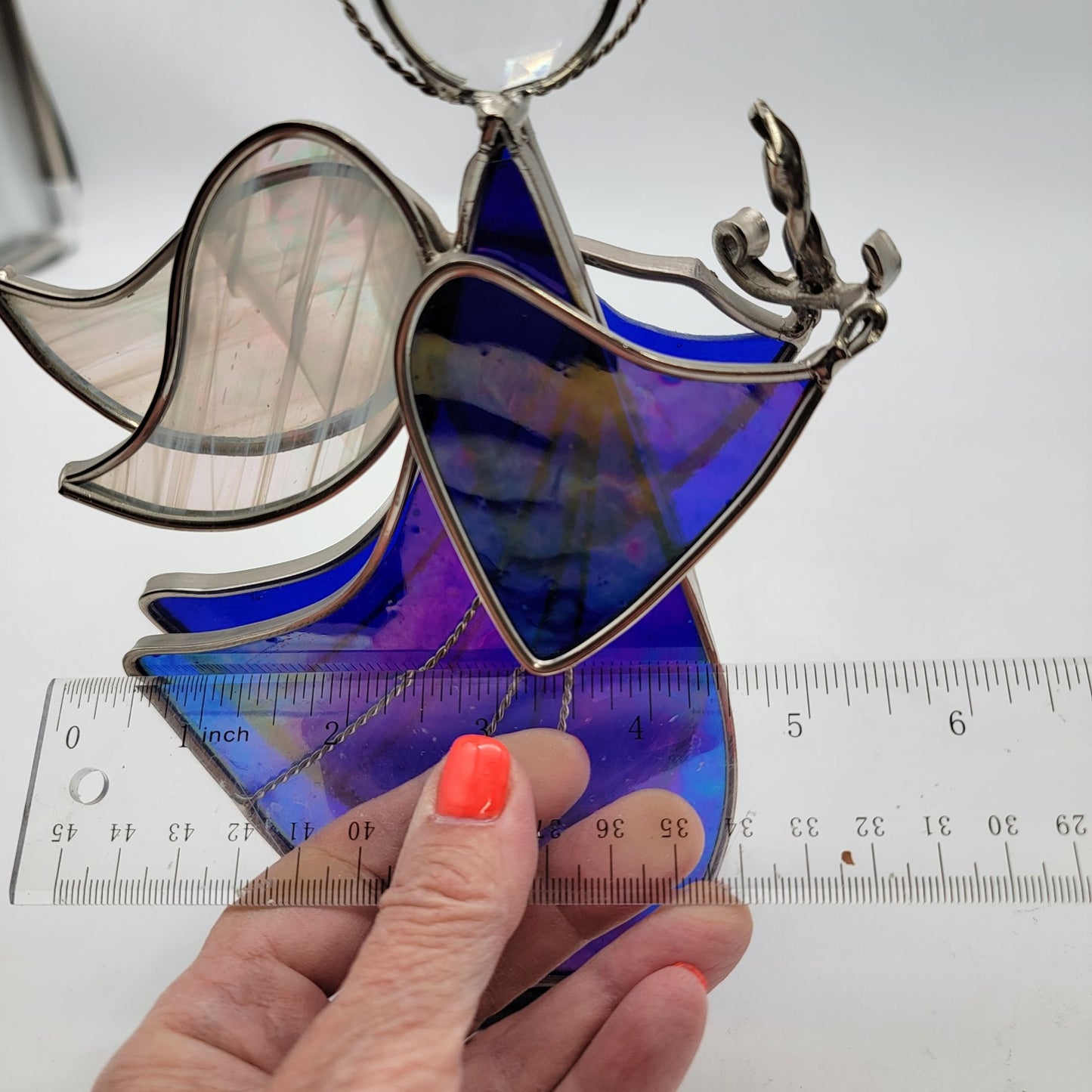Stained Glass Angel Figurine With Iridescent Blue Purple & Clear Textured Glass